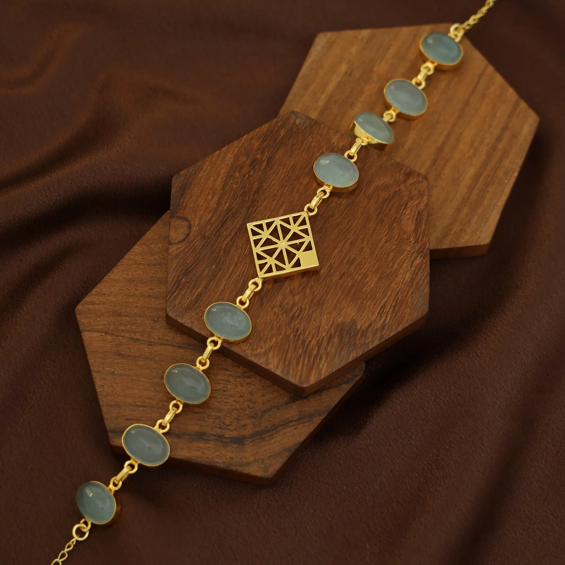 Mirelle Golden Rhombus Natural + Glossy Oval Stone Choker - Image 12