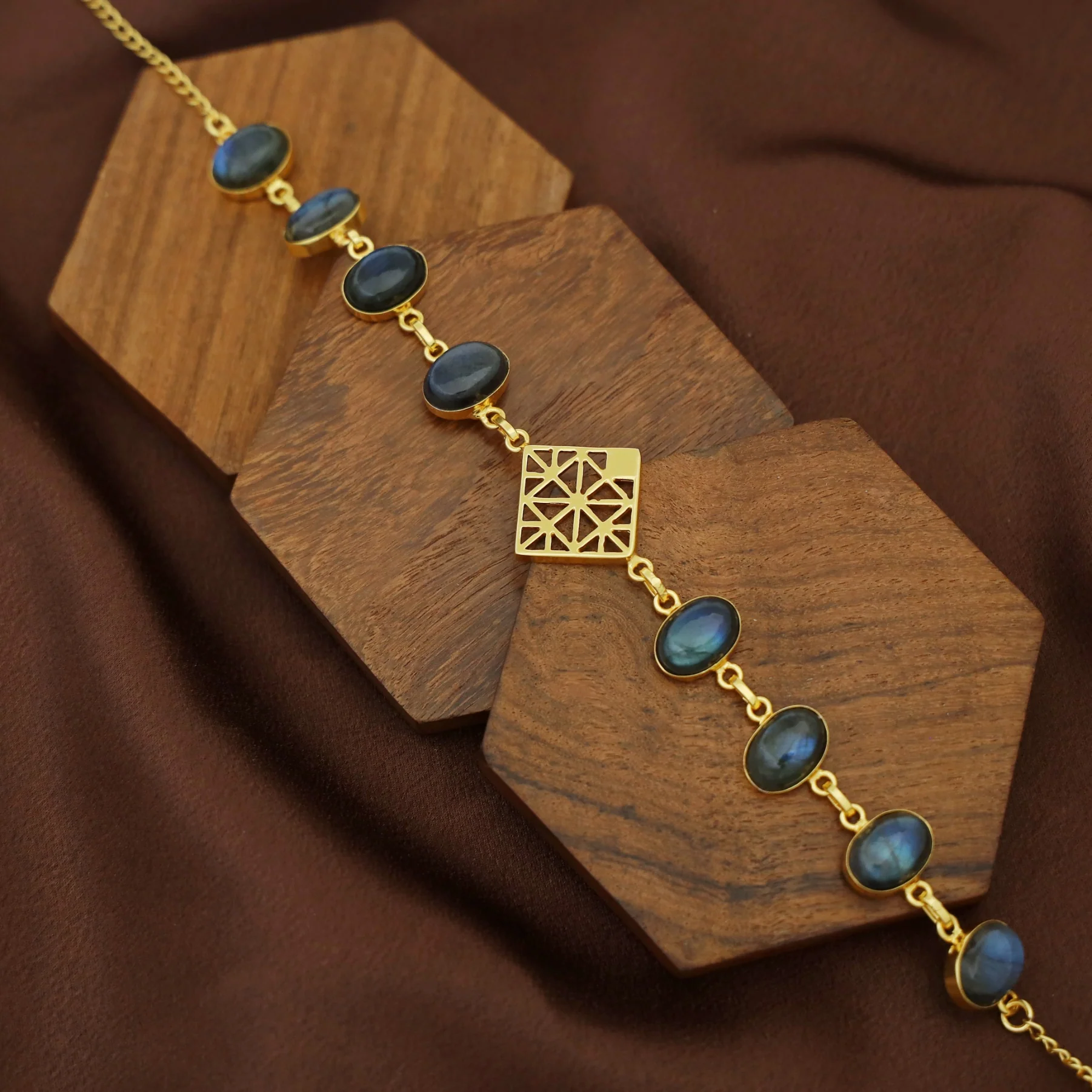 Mirelle Golden Rhombus Natural + Glossy Oval Stone Choker - Image 6