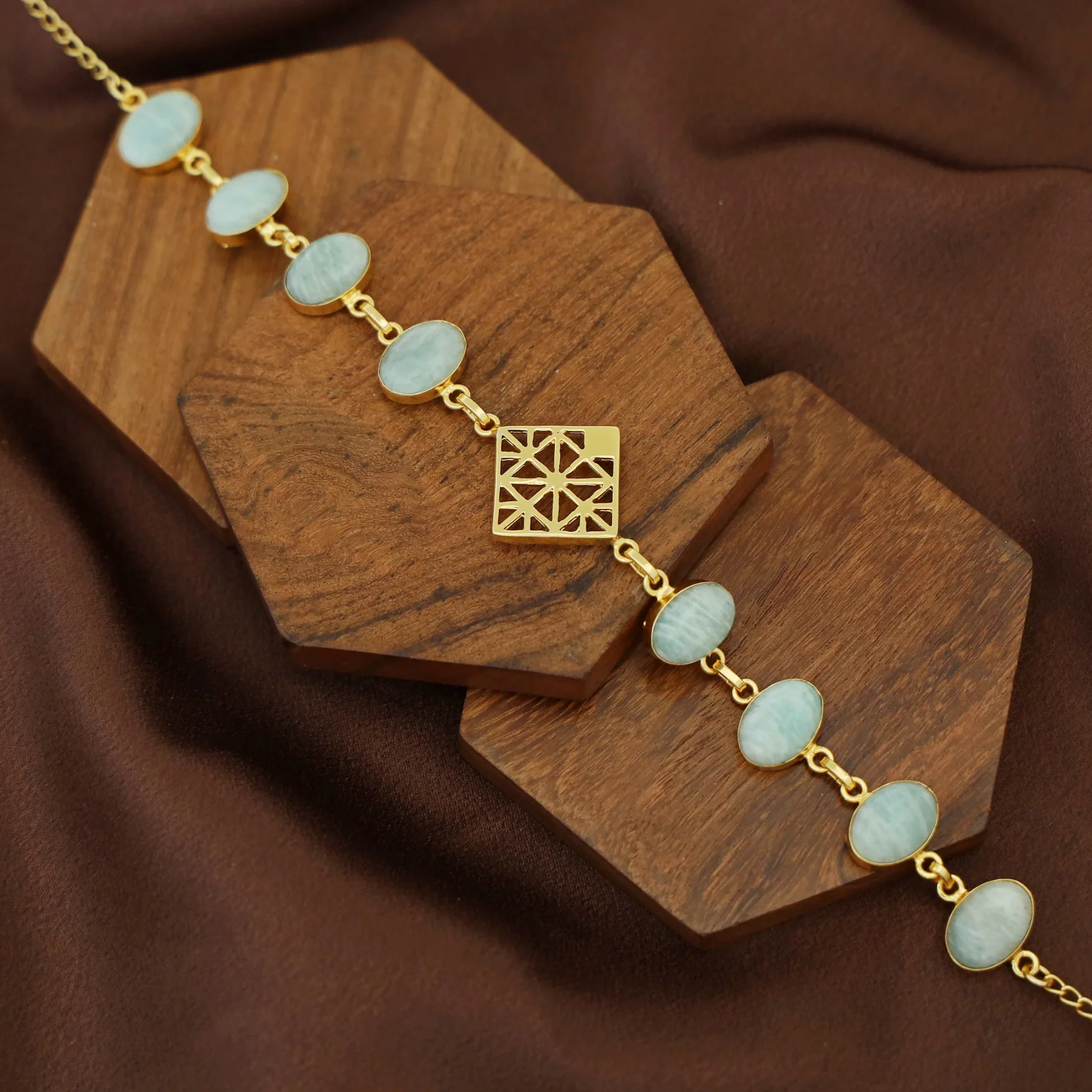 Mirelle Golden Rhombus Natural + Glossy Oval Stone Choker - Image 8