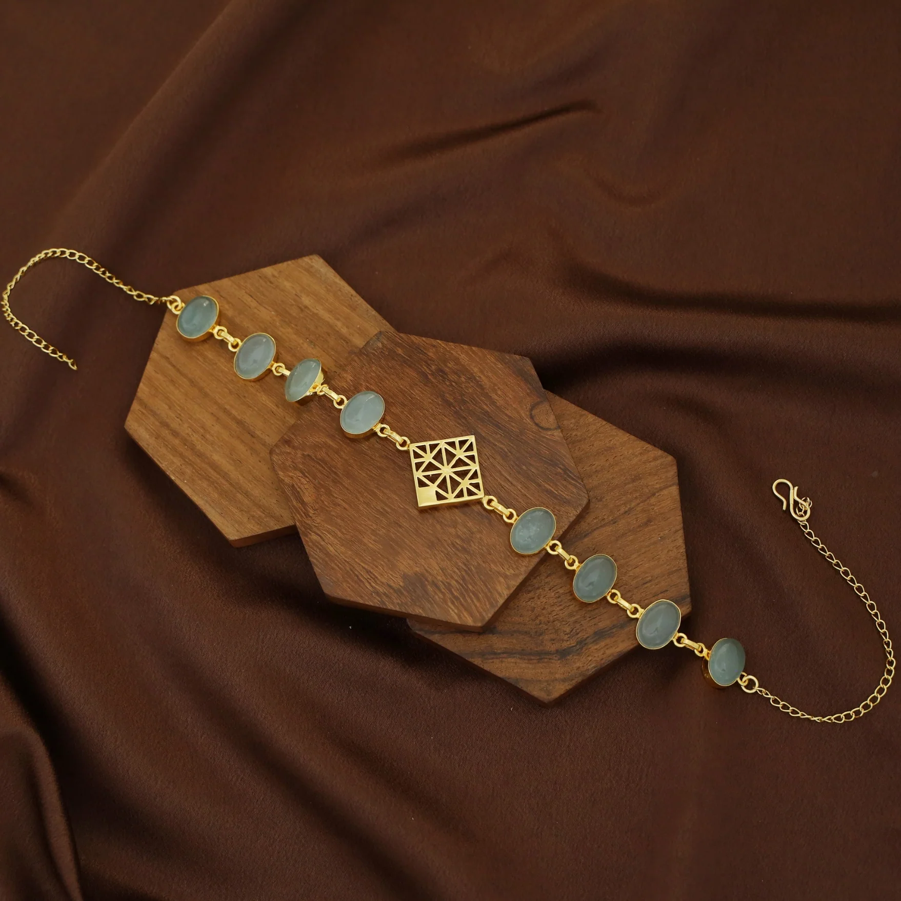 Mirelle Golden Rhombus Natural + Glossy Oval Stone Choker - Image 9