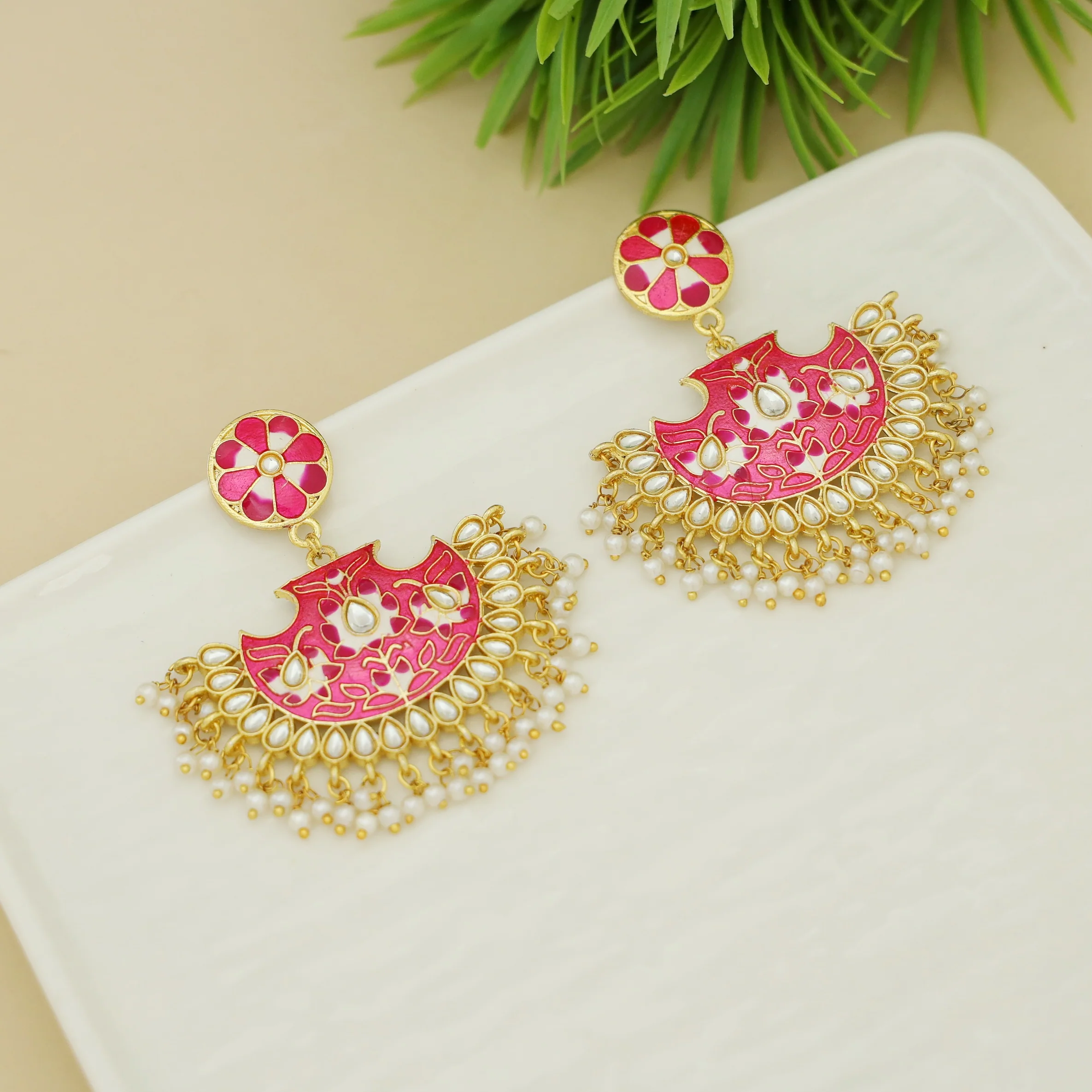 Floral Cluster Pearl Hand Painted Kundan Chandbali Earring - Image 2