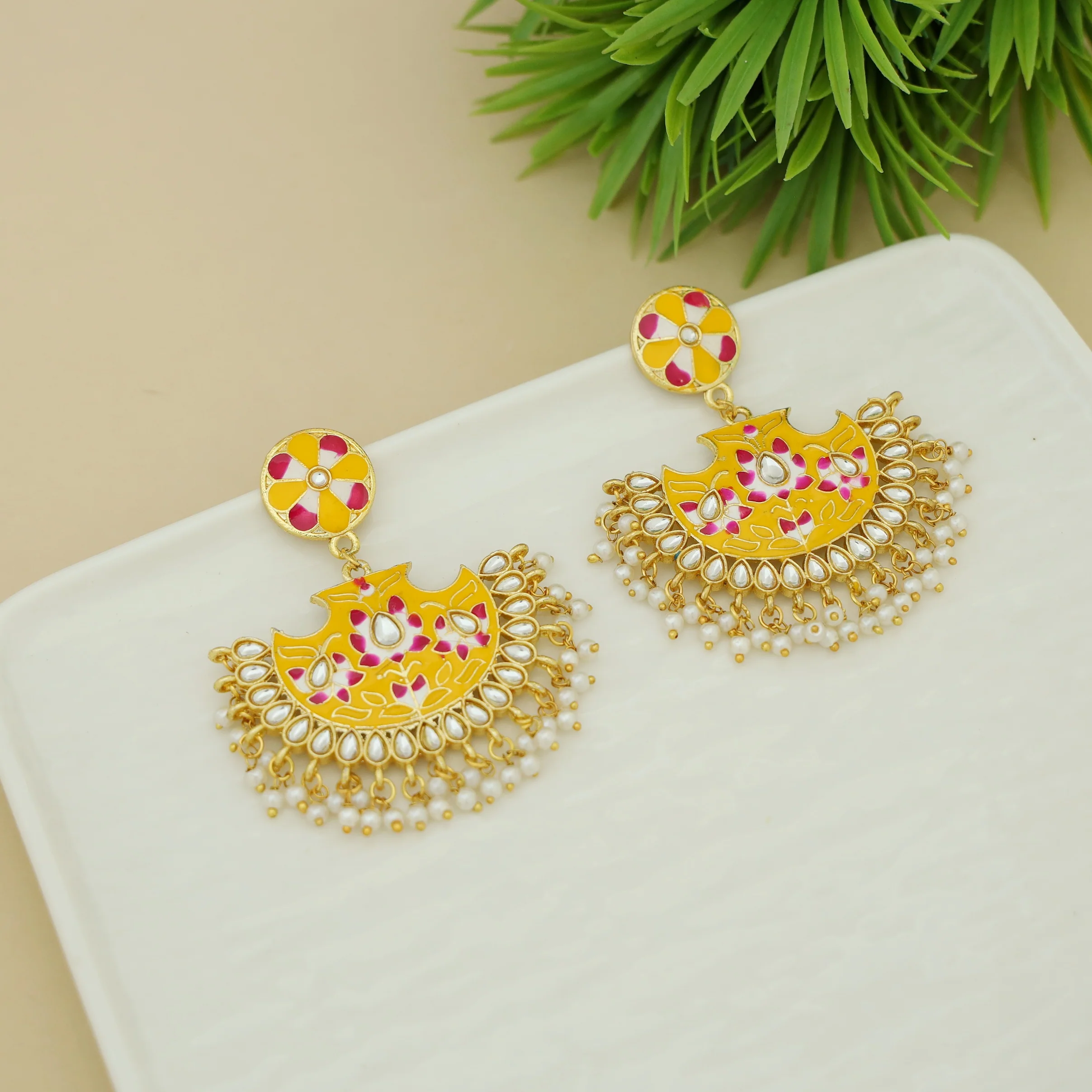 Floral Cluster Pearl Hand Painted Kundan Chandbali Earring - Image 3