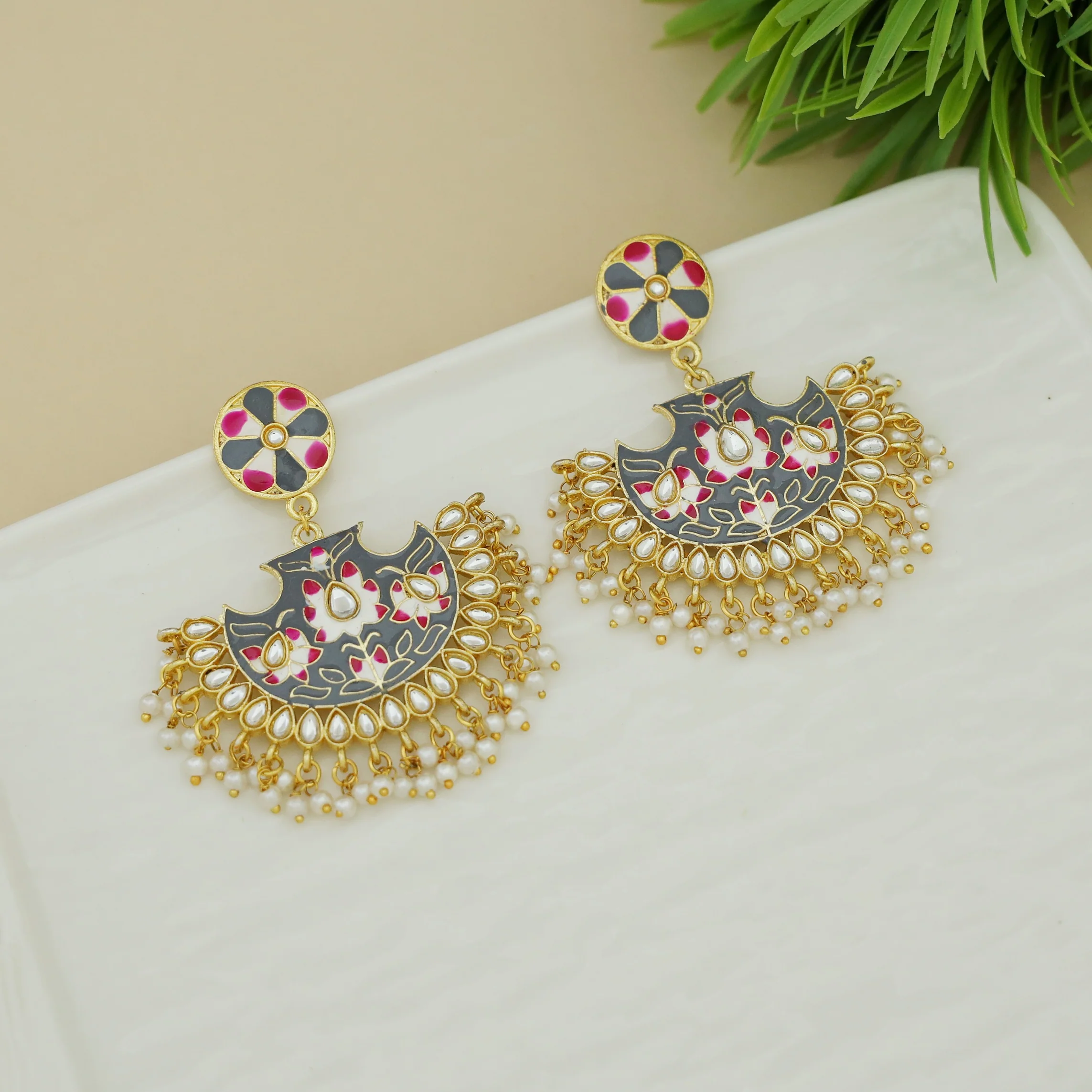 Floral Cluster Pearl Hand Painted Kundan Chandbali Earring - Image 4