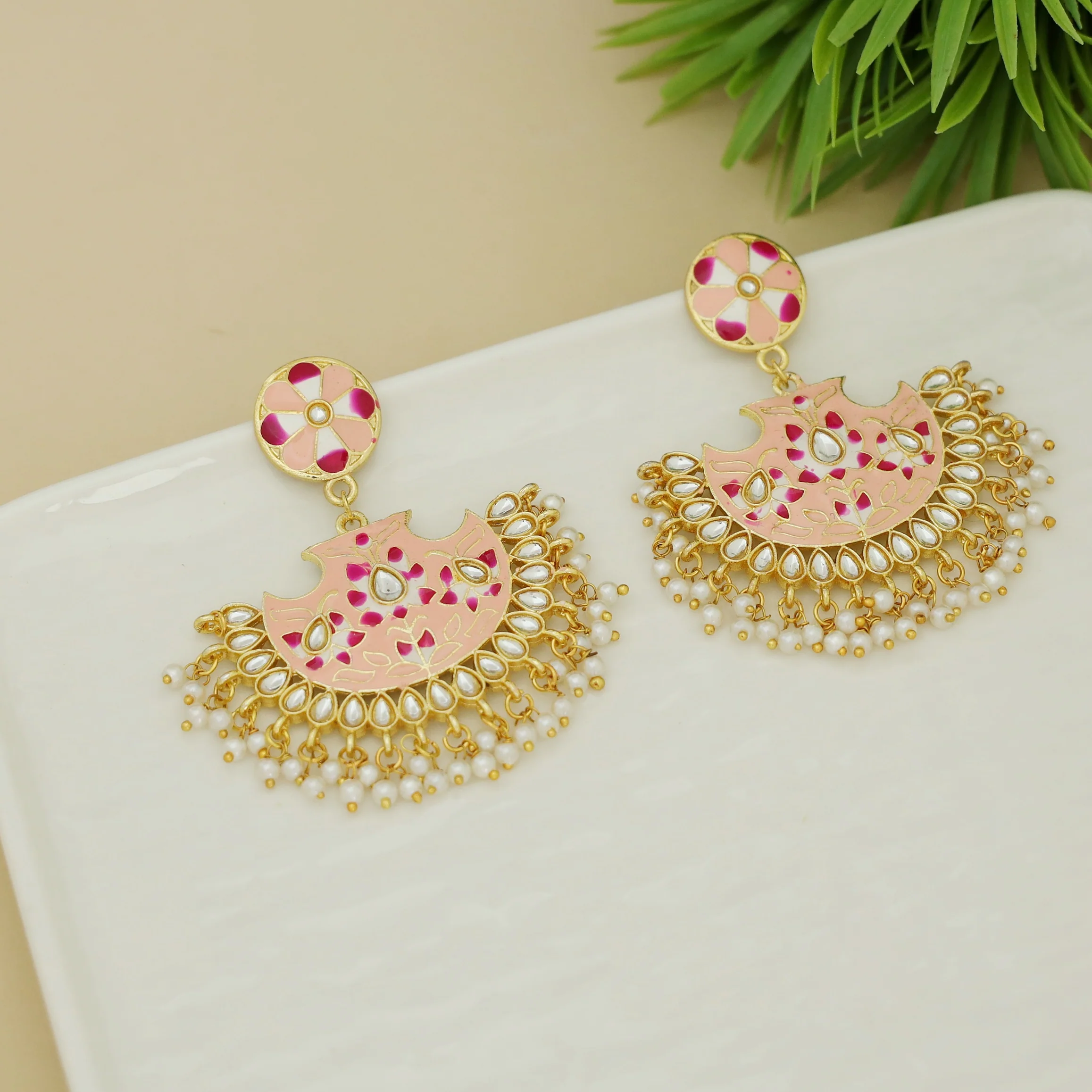 Floral Cluster Pearl Hand Painted Kundan Chandbali Earring - Image 5