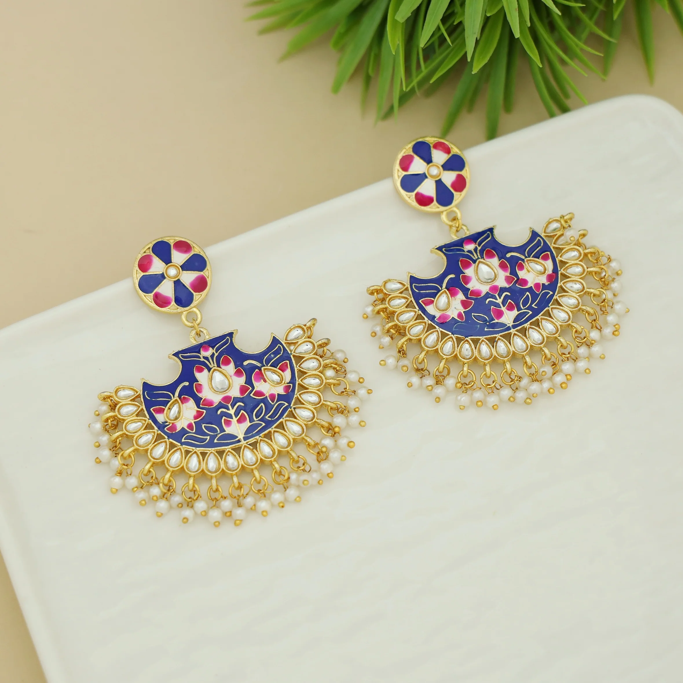 Floral Cluster Pearl Hand Painted Kundan Chandbali Earring - Image 6