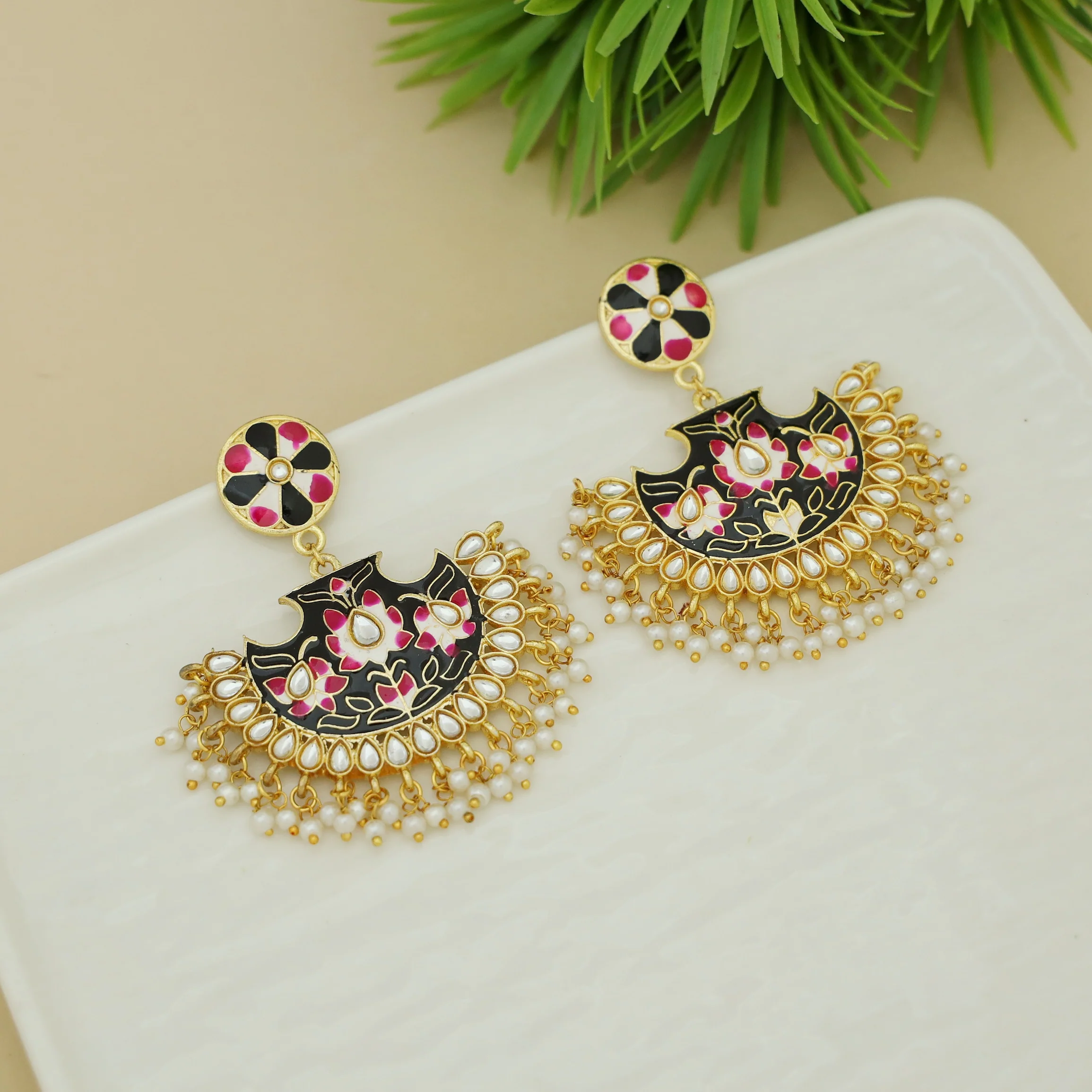 Floral Cluster Pearl Hand Painted Kundan Chandbali Earring - Image 7