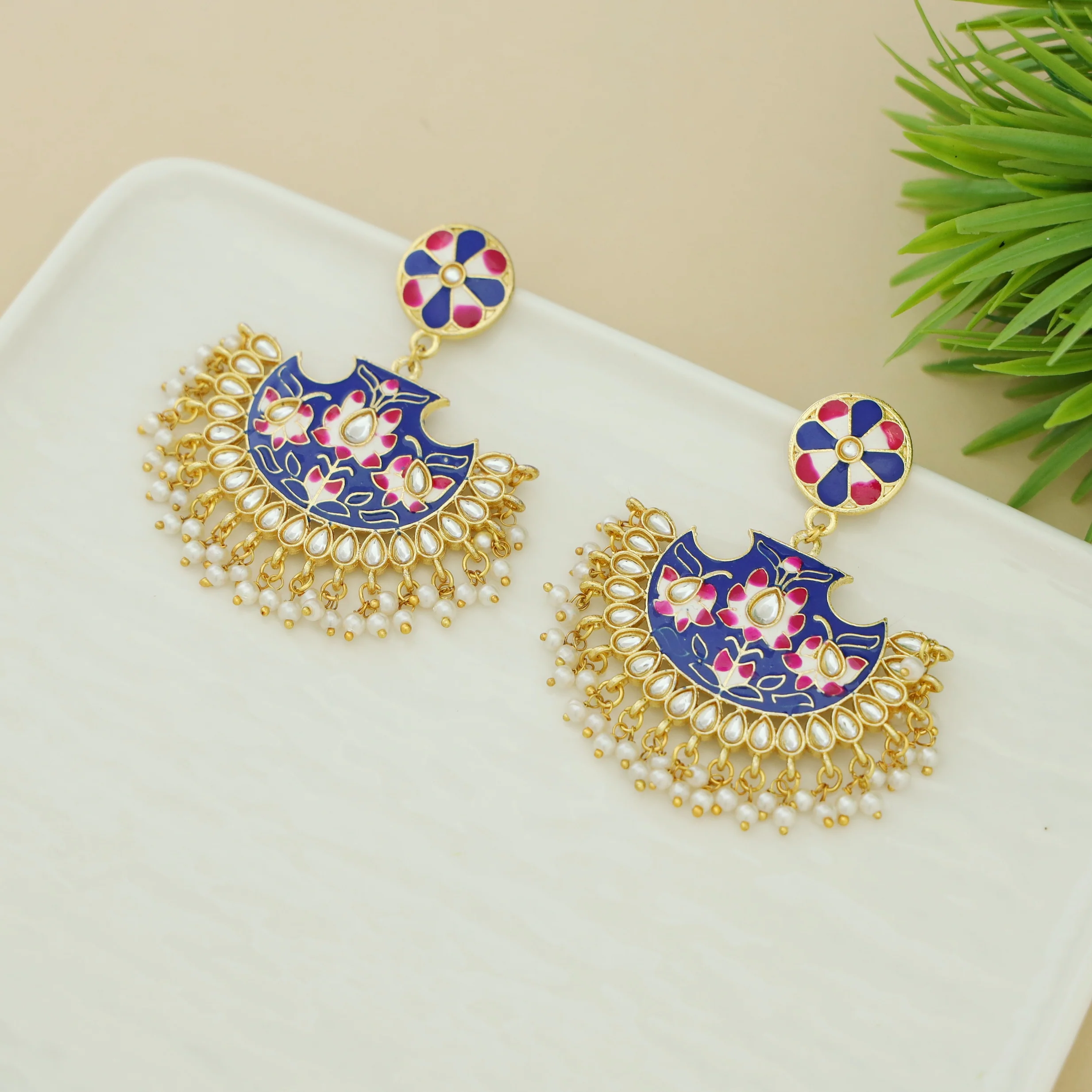 Floral Cluster Pearl Hand Painted Kundan Chandbali Earring - Image 8