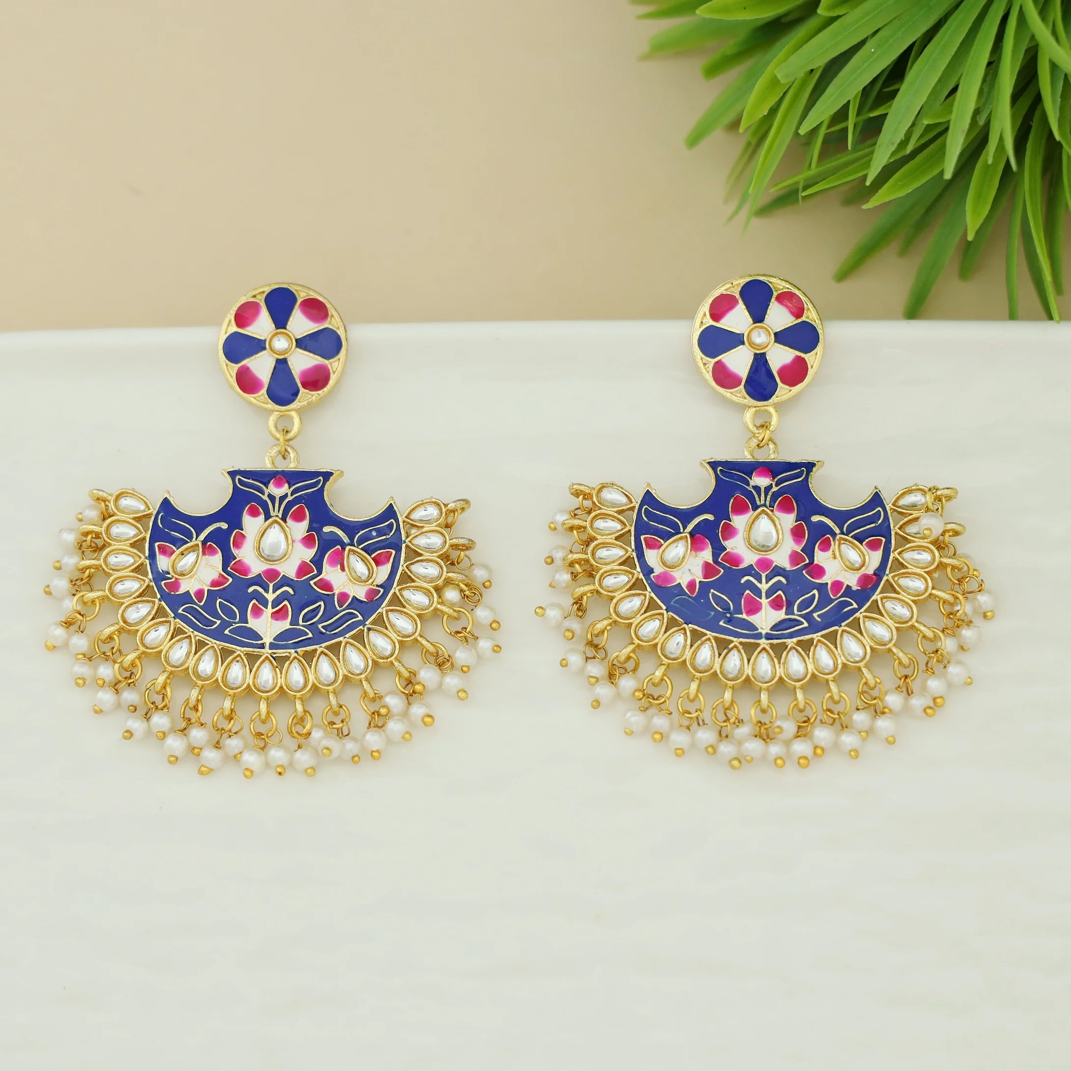 Floral Cluster Pearl Hand Painted Kundan Chandbali Earring - Image 9