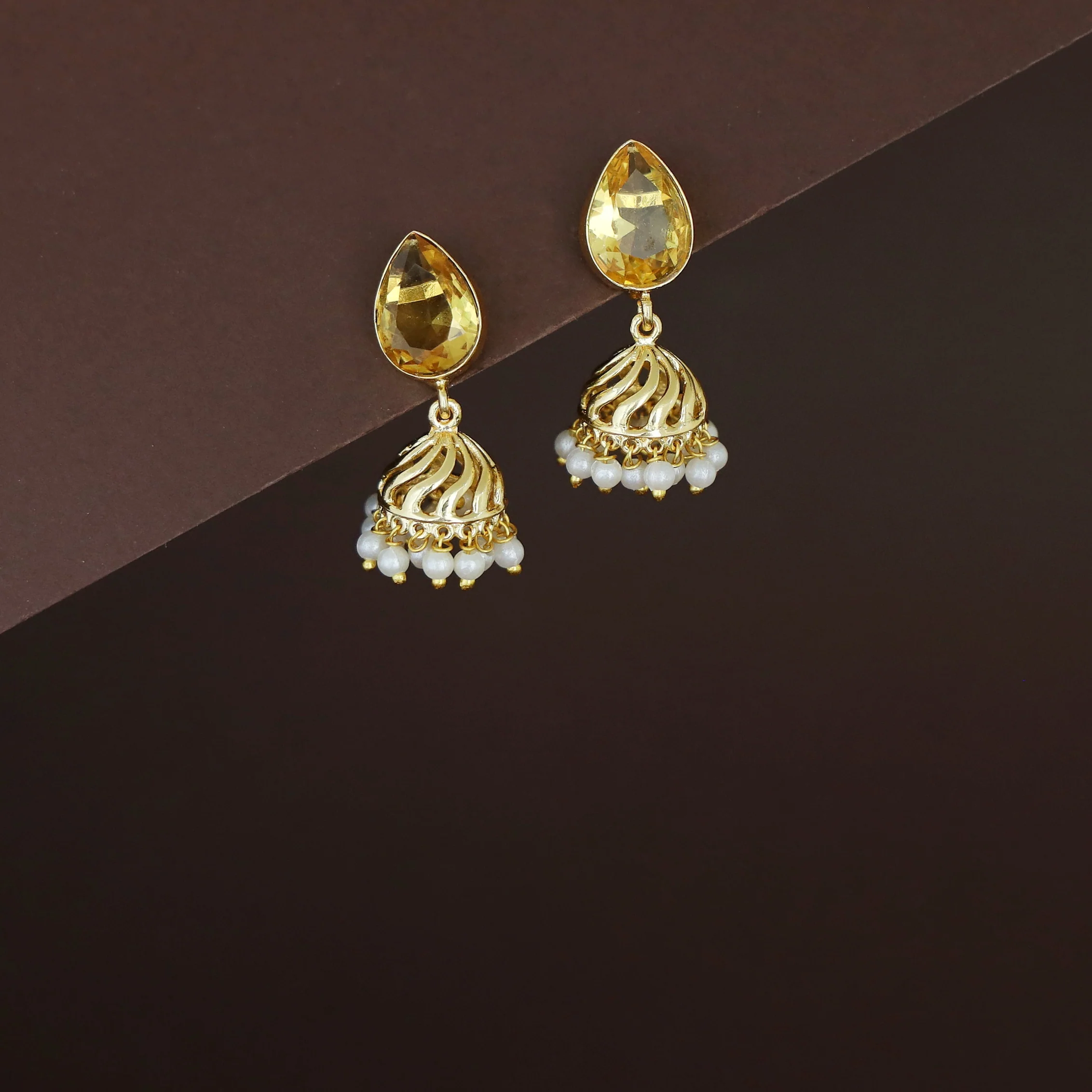 Mithila Golden Pearl Rain drop Glossy Jhumka - Image 2
