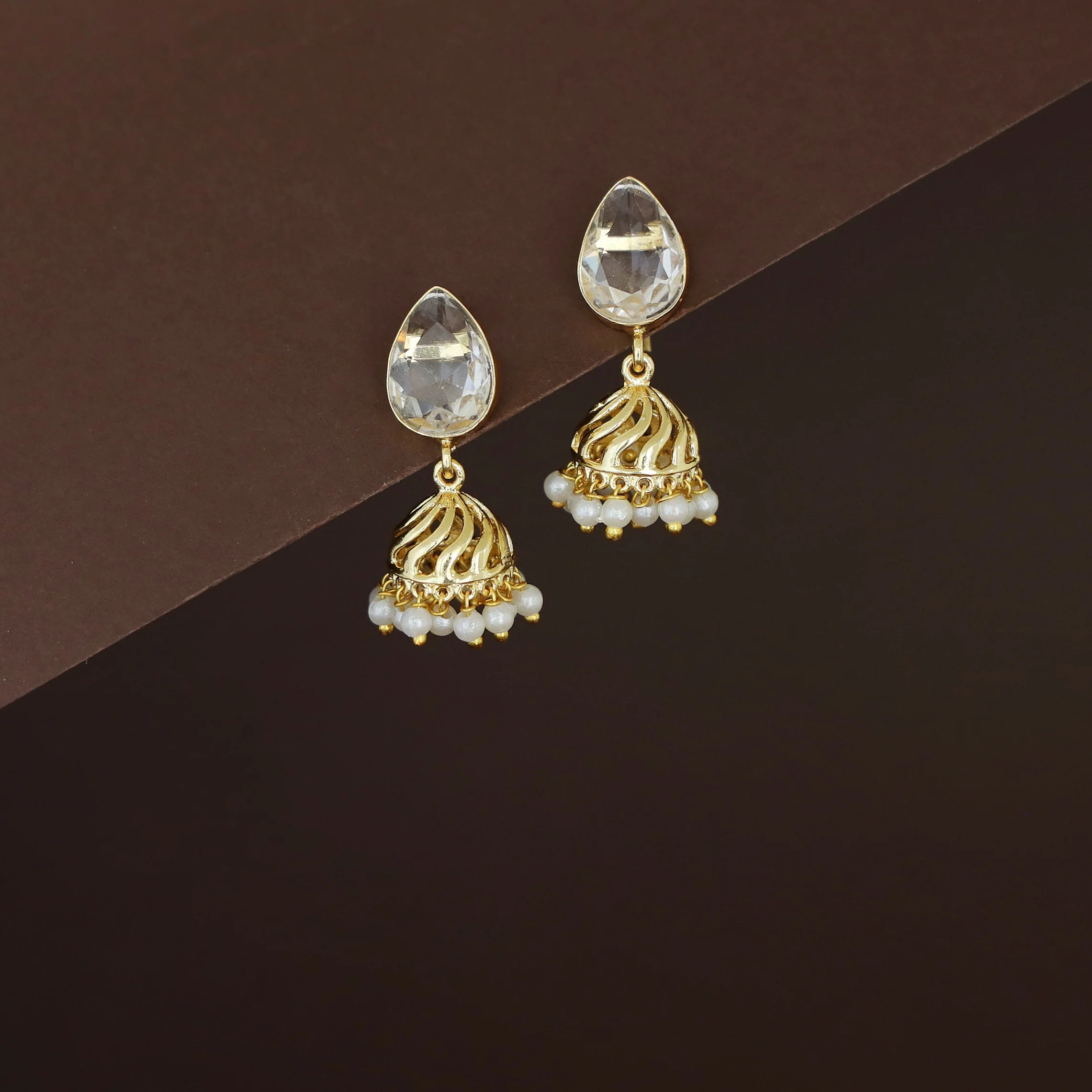 Mithila Golden Pearl Rain drop Glossy Jhumka - Image 3