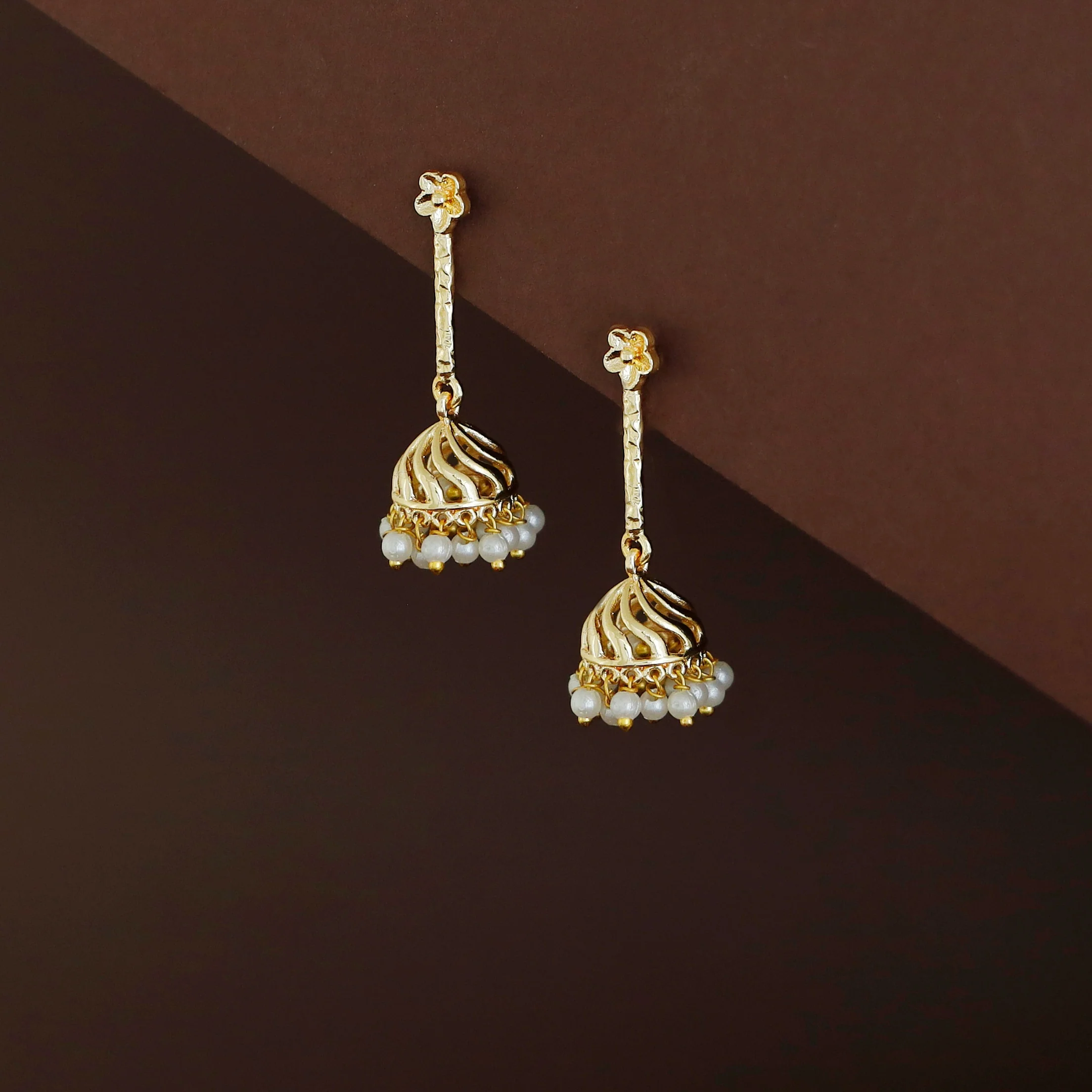 Miyana Flower Hammered Pendulum Pearl Jhumka - Image 2