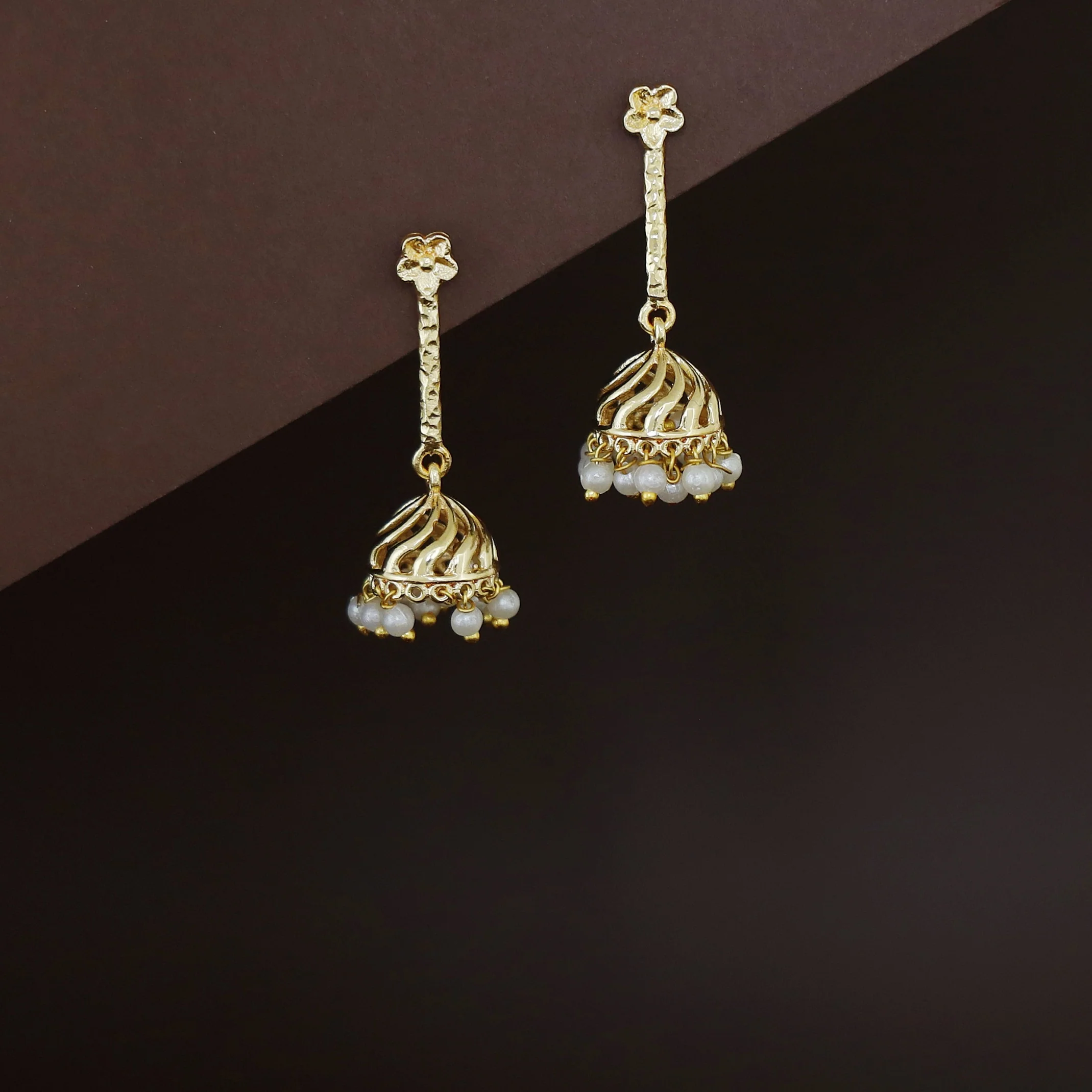Miyana Flower Hammered Pendulum Pearl Jhumka - Image 3