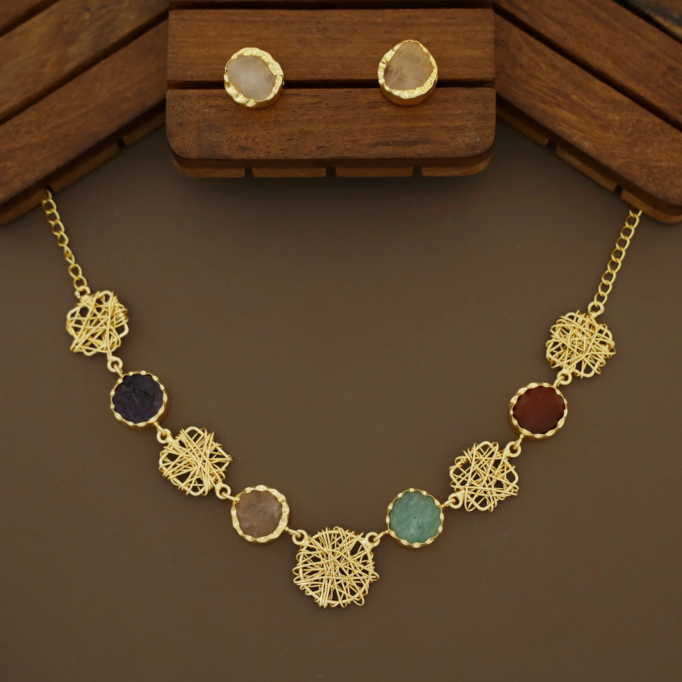 Monica Wired Circle + Square Raw Stone Short Neckpiece With Stud - Image 10