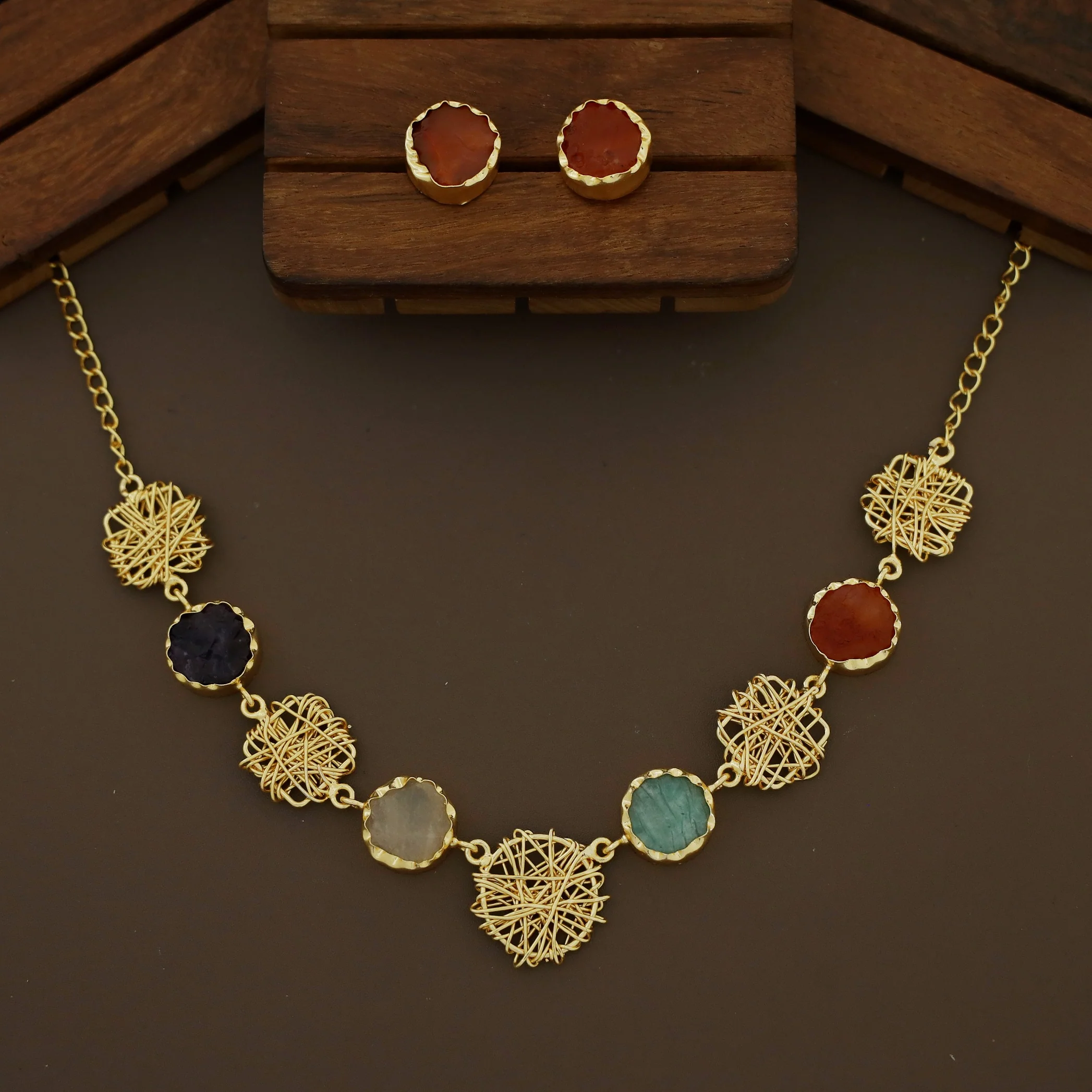Monica Wired Circle + Square Raw Stone Short Neckpiece With Stud - Image 13