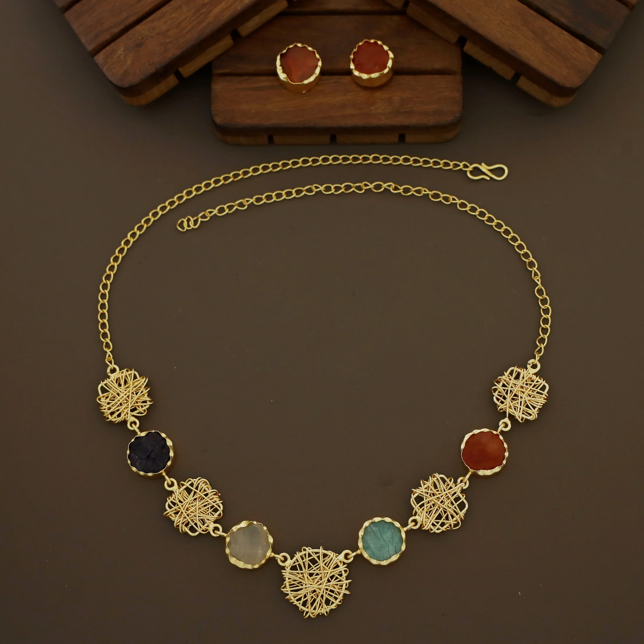 Monica Wired Circle + Square Raw Stone Short Neckpiece With Stud - Image 14