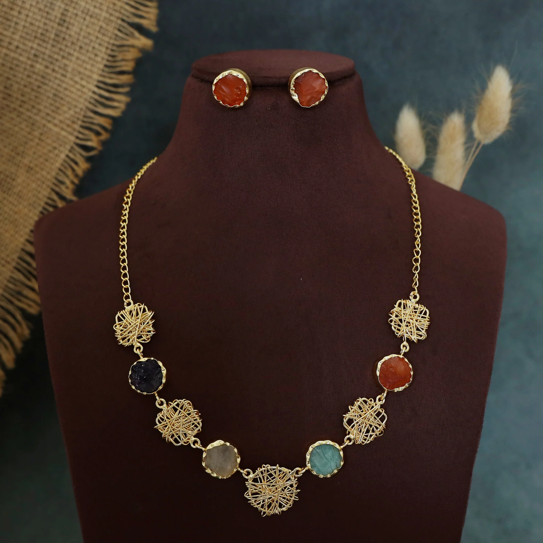 Monica Wired Circle + Square Raw Stone Short Neckpiece With Stud - Image 2