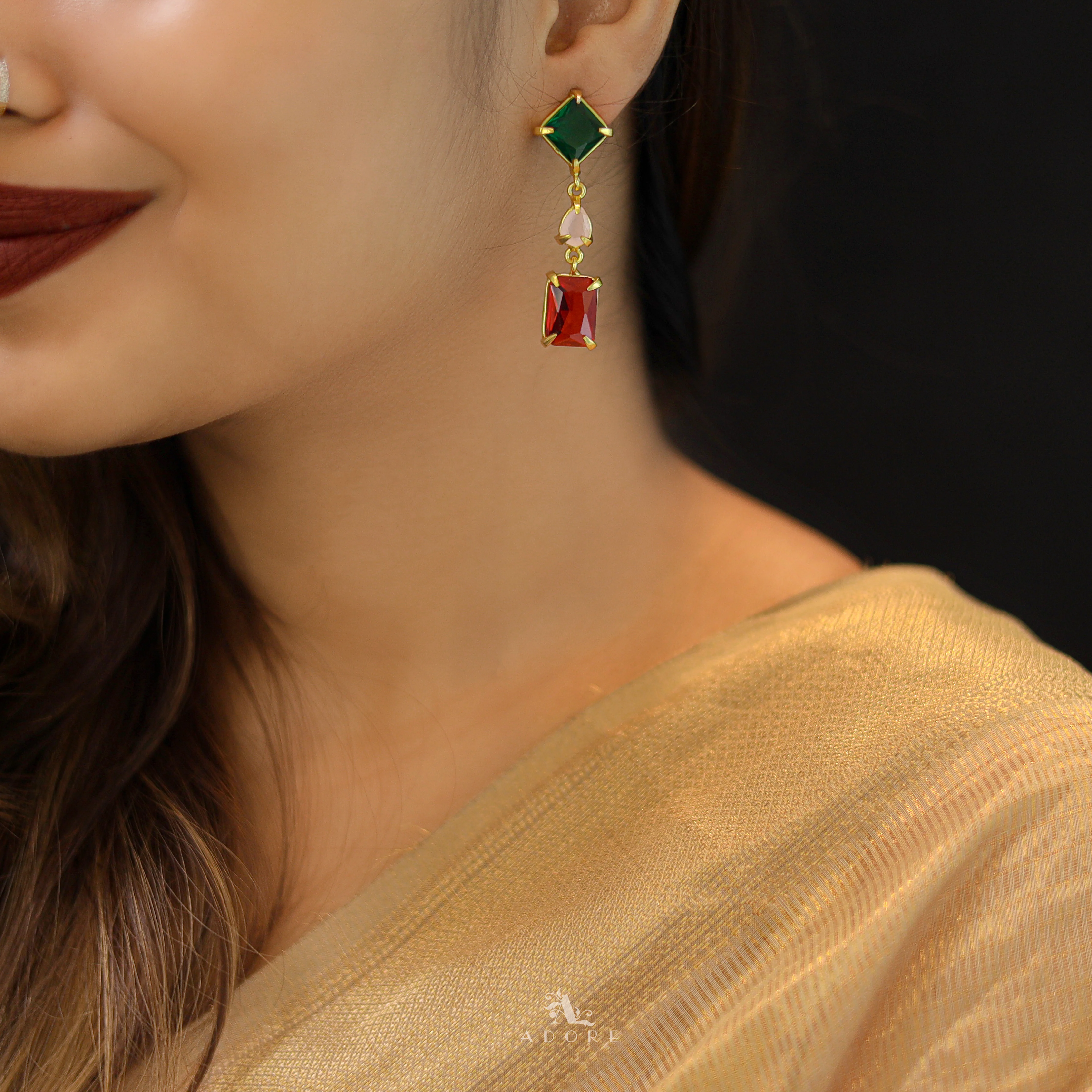 Multicolour Tri Glossy Stone Earring - Image 10