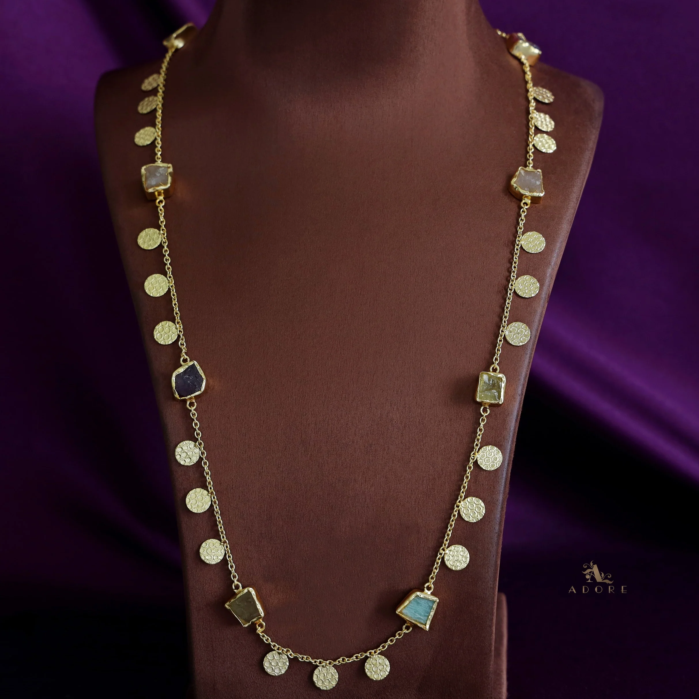 Multicolour Raw Stone + Golden Textured Coin Long Neckpiece - Image 2