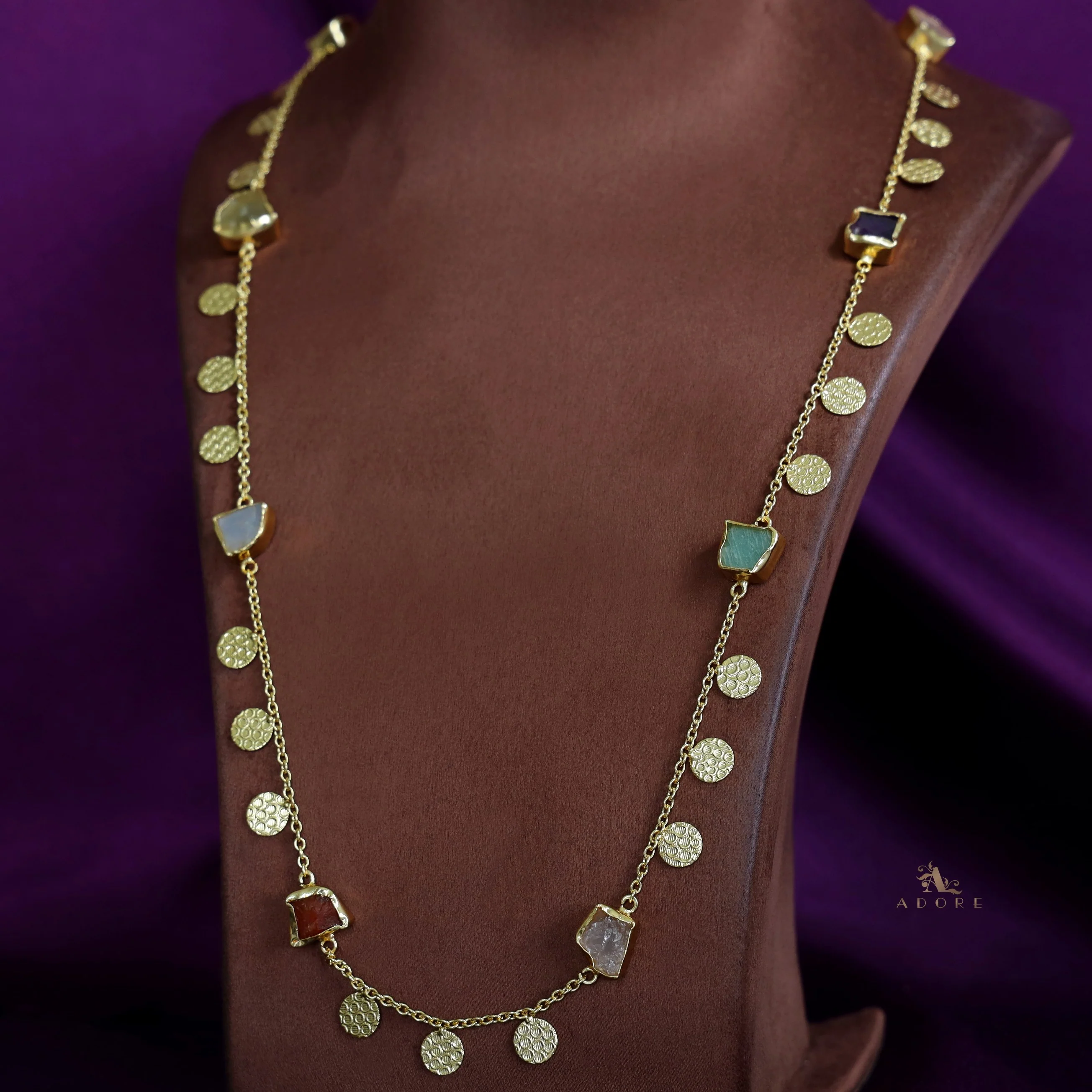 Multicolour Raw Stone + Golden Textured Coin Long Neckpiece - Image 3