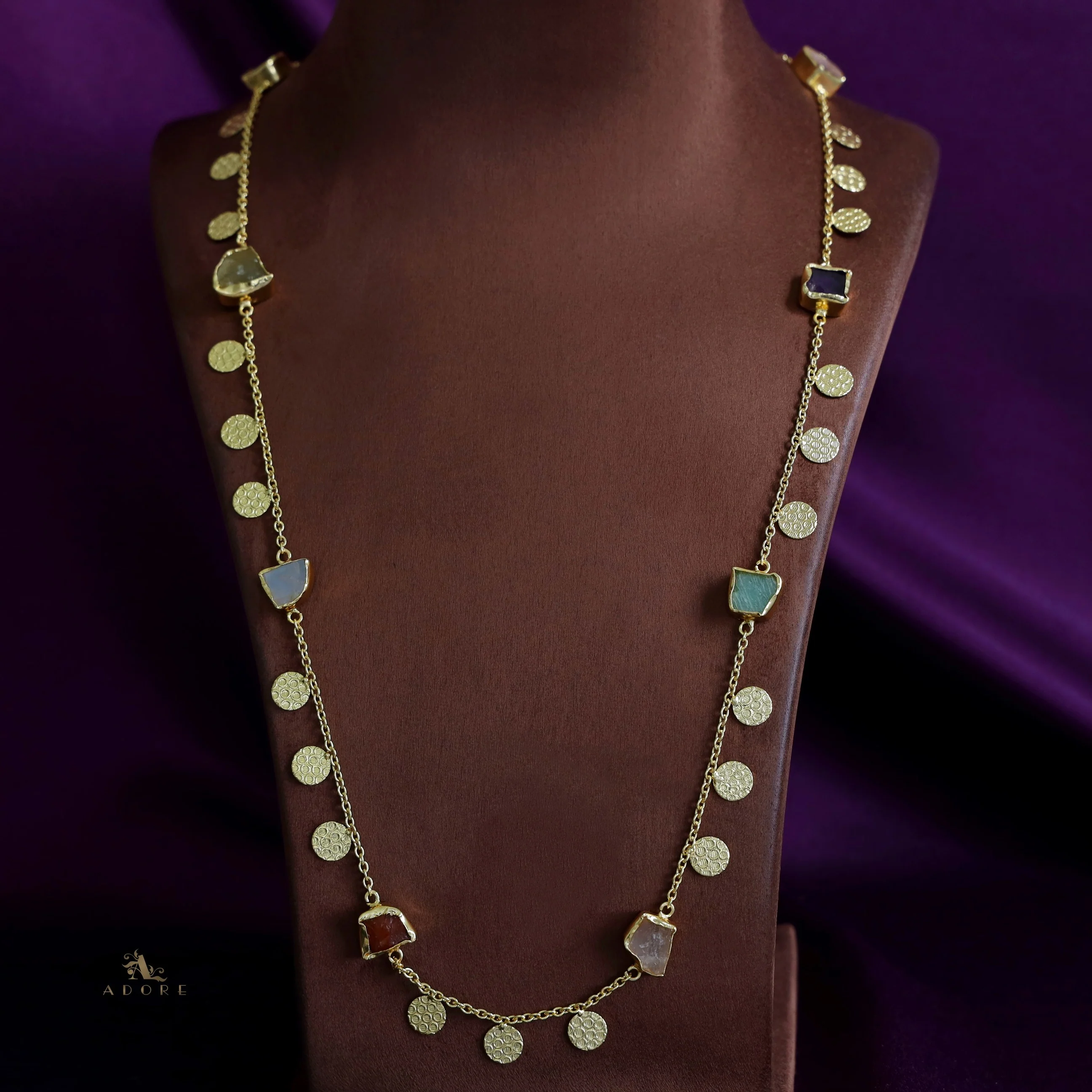 Multicolour Raw Stone + Golden Textured Coin Long Neckpiece - Image 4