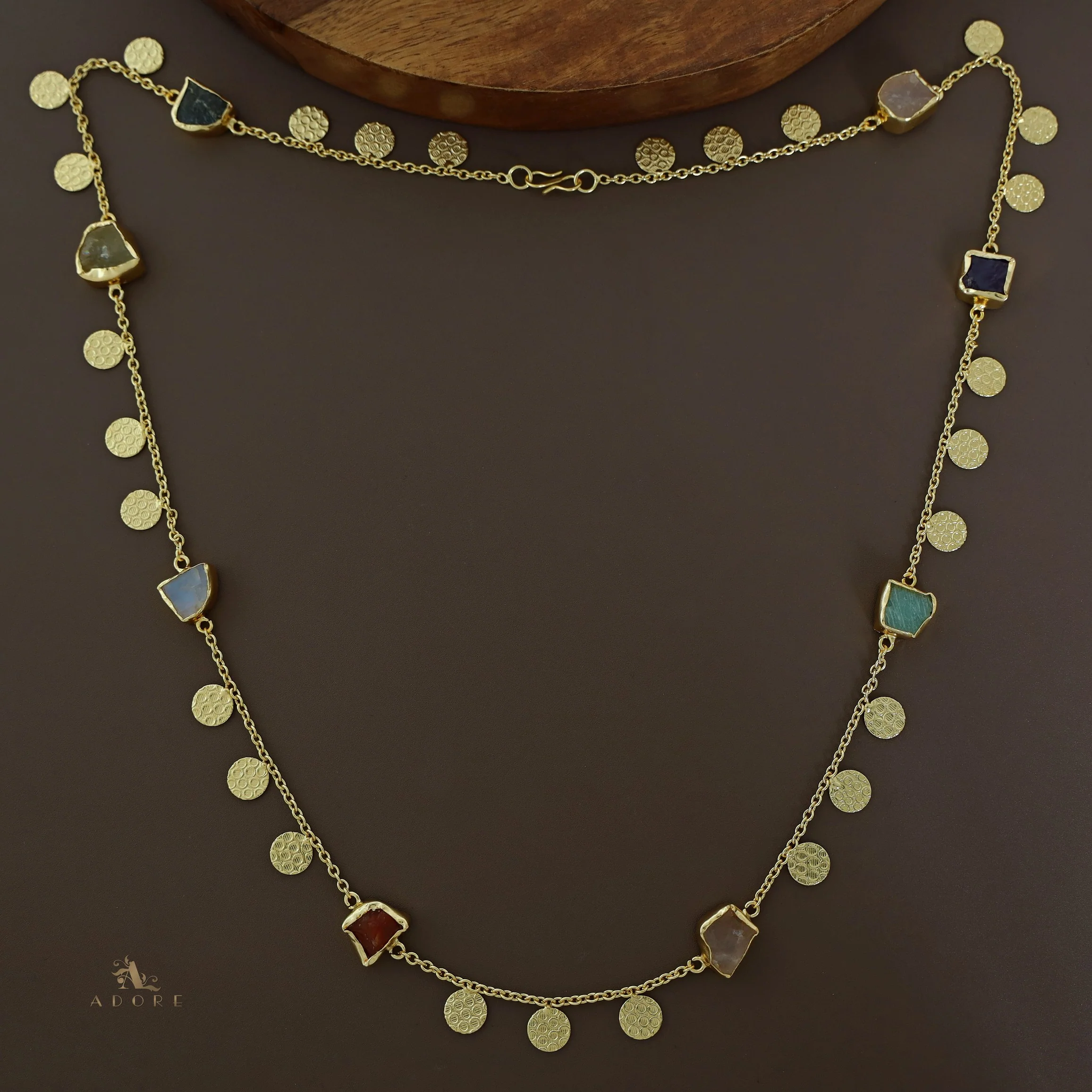 Multicolour Raw Stone + Golden Textured Coin Long Neckpiece - Image 5
