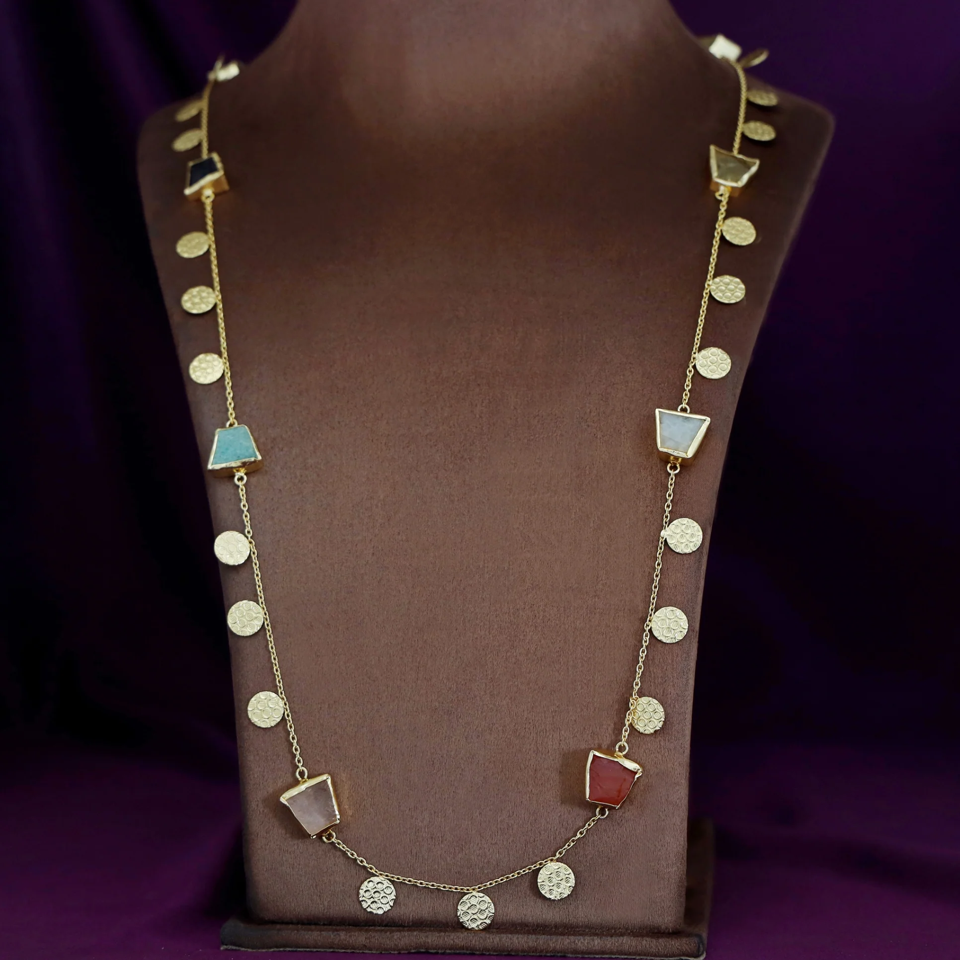 Multicolour Raw Stone + Golden Textured Coin Long Neckpiece - Image 6
