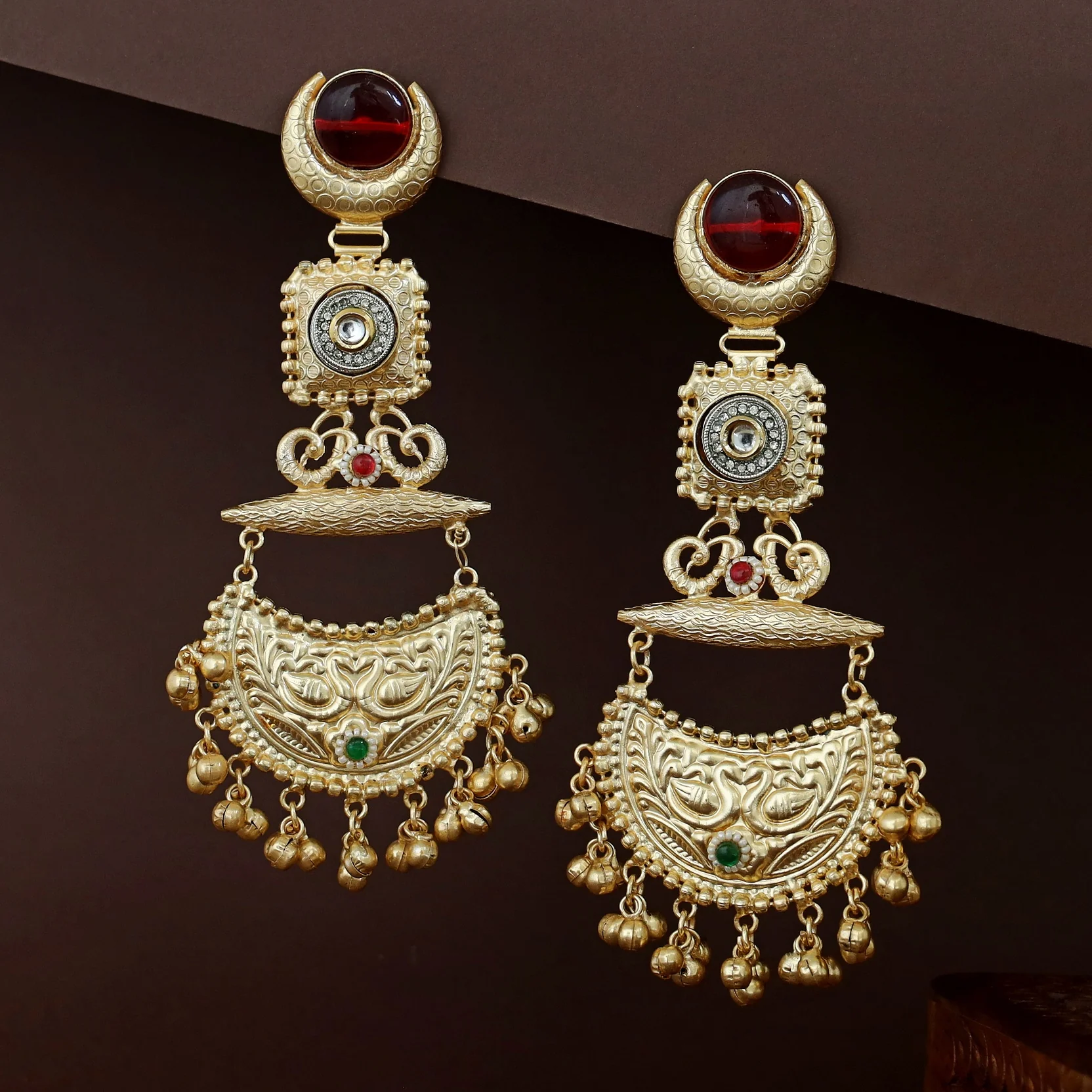 Nagina Golden Half Moon Mayura Ghungroo Kashmiri Earring - Image 2