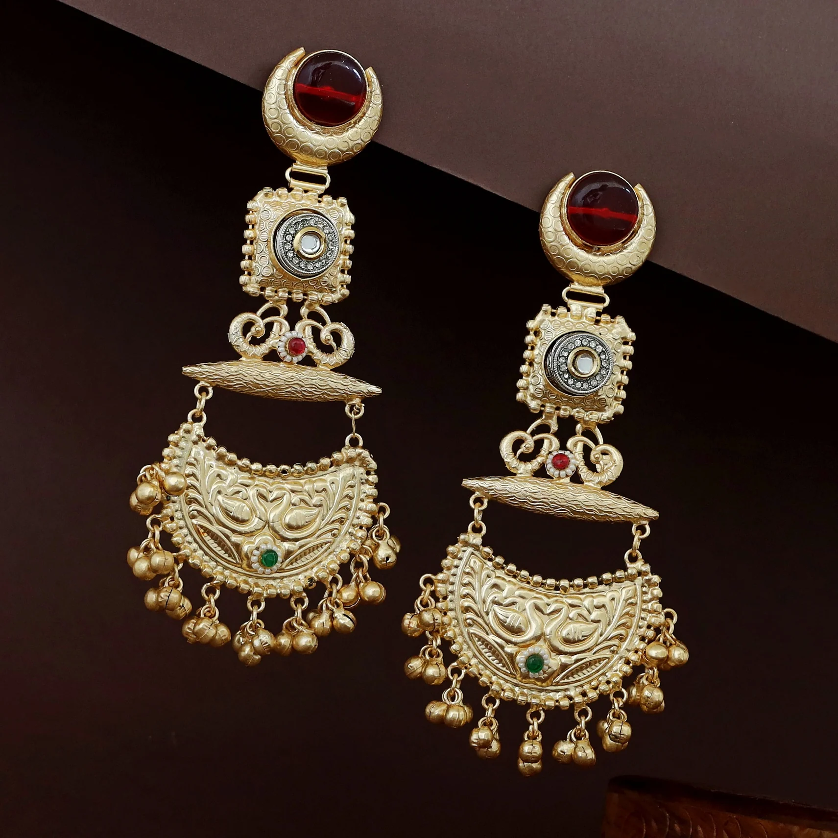 Nagina Golden Half Moon Mayura Ghungroo Kashmiri Earring - Image 3
