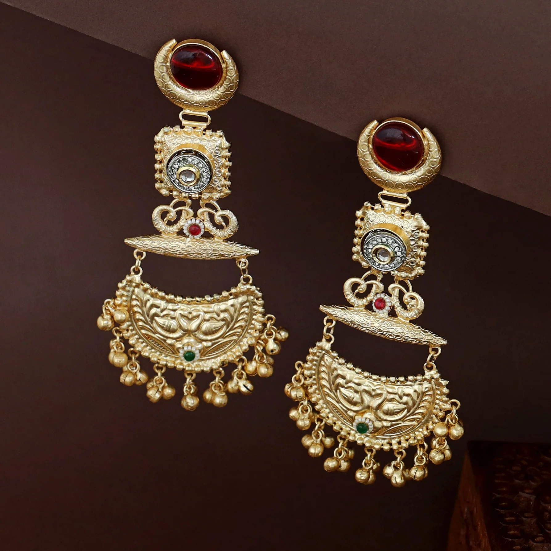 Nagina Golden Half Moon Mayura Ghungroo Kashmiri Earring - Image 4