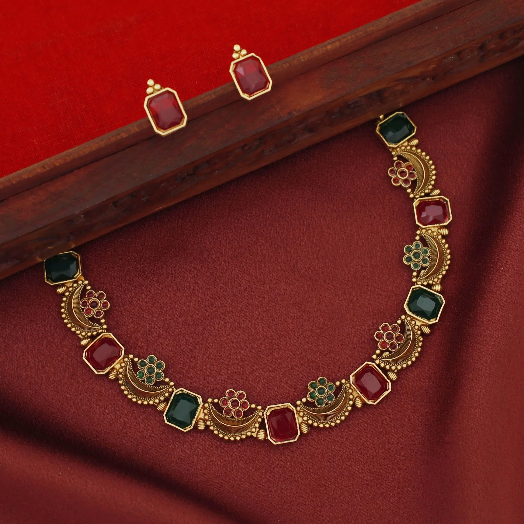 Navabha Curved Rectangle Half Moon Flower Short Neckpiece with Stud - Image 2