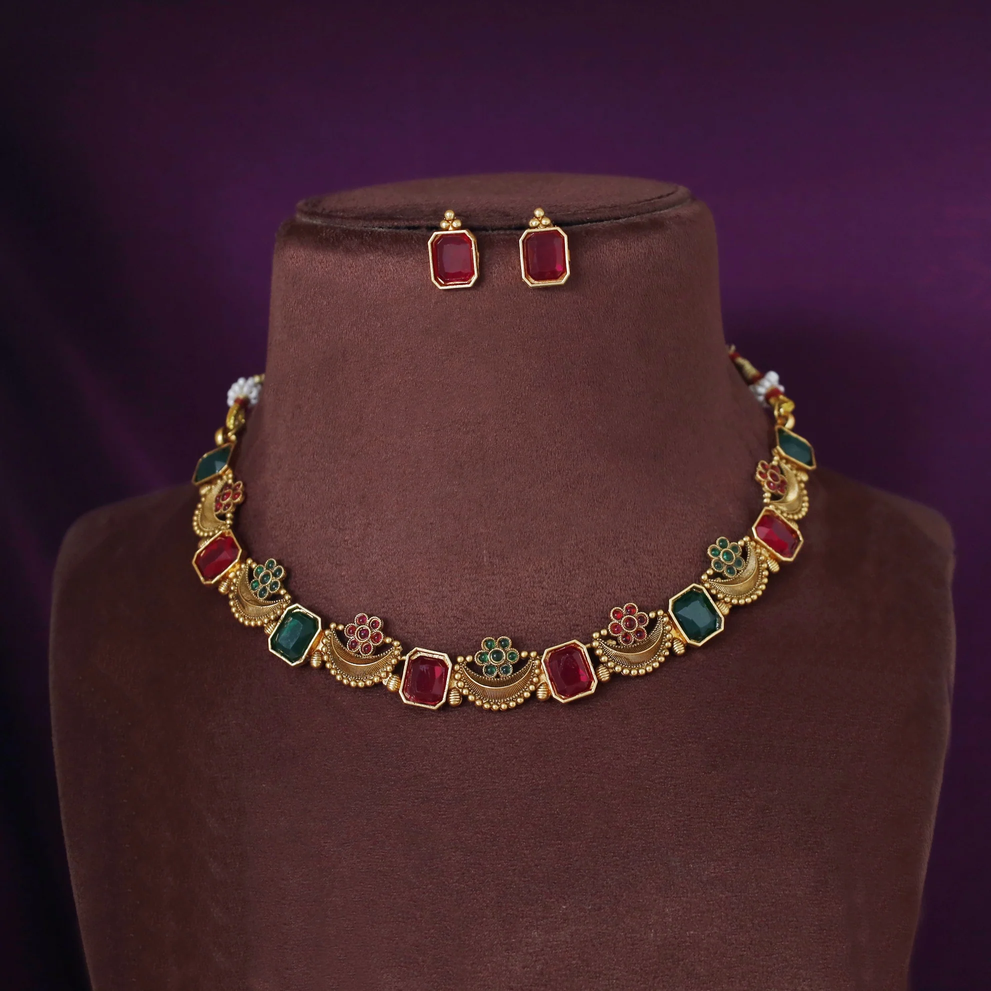 Navabha Curved Rectangle Half Moon Flower Short Neckpiece with Stud - Image 3