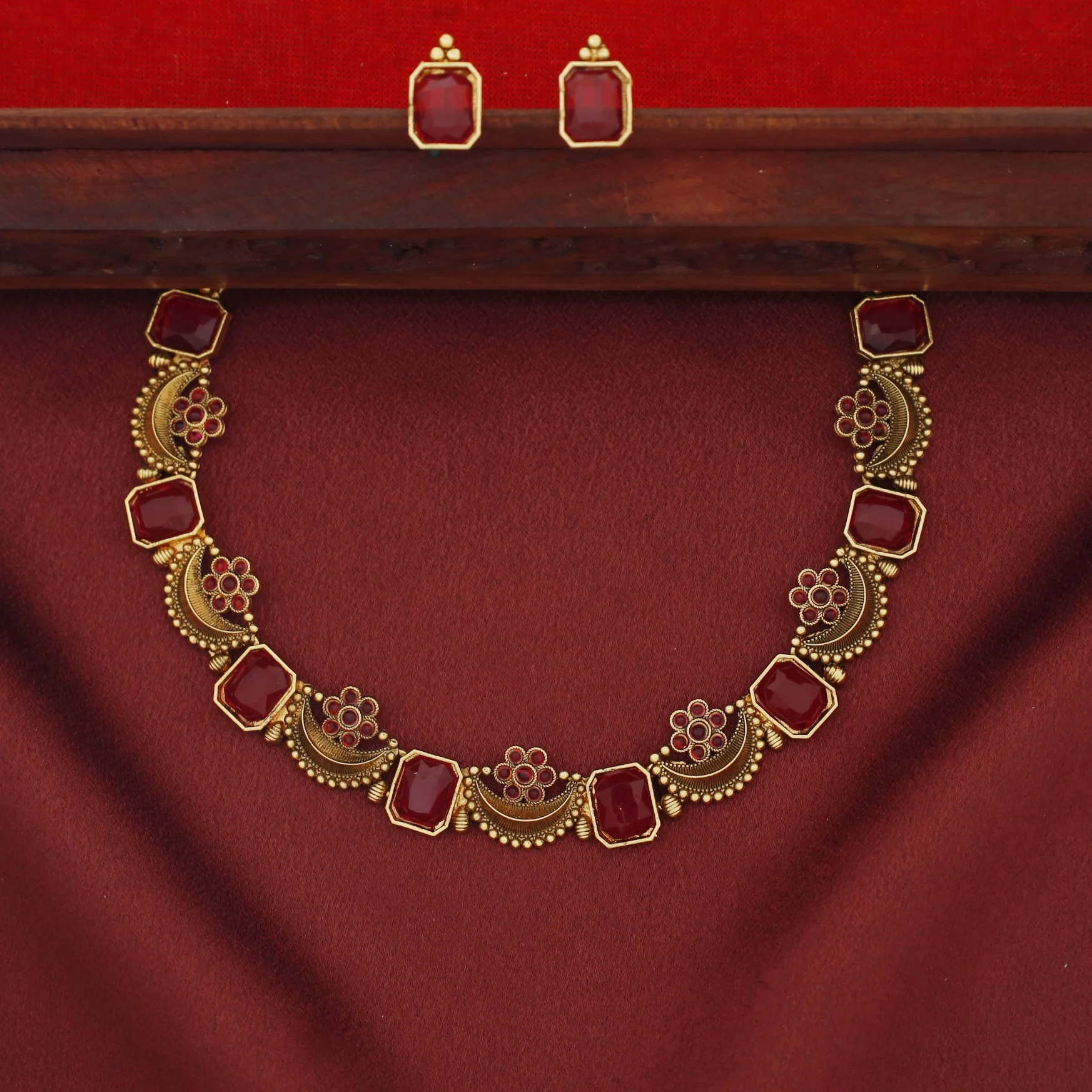 Navabha Curved Rectangle Half Moon Flower Short Neckpiece with Stud - Image 5