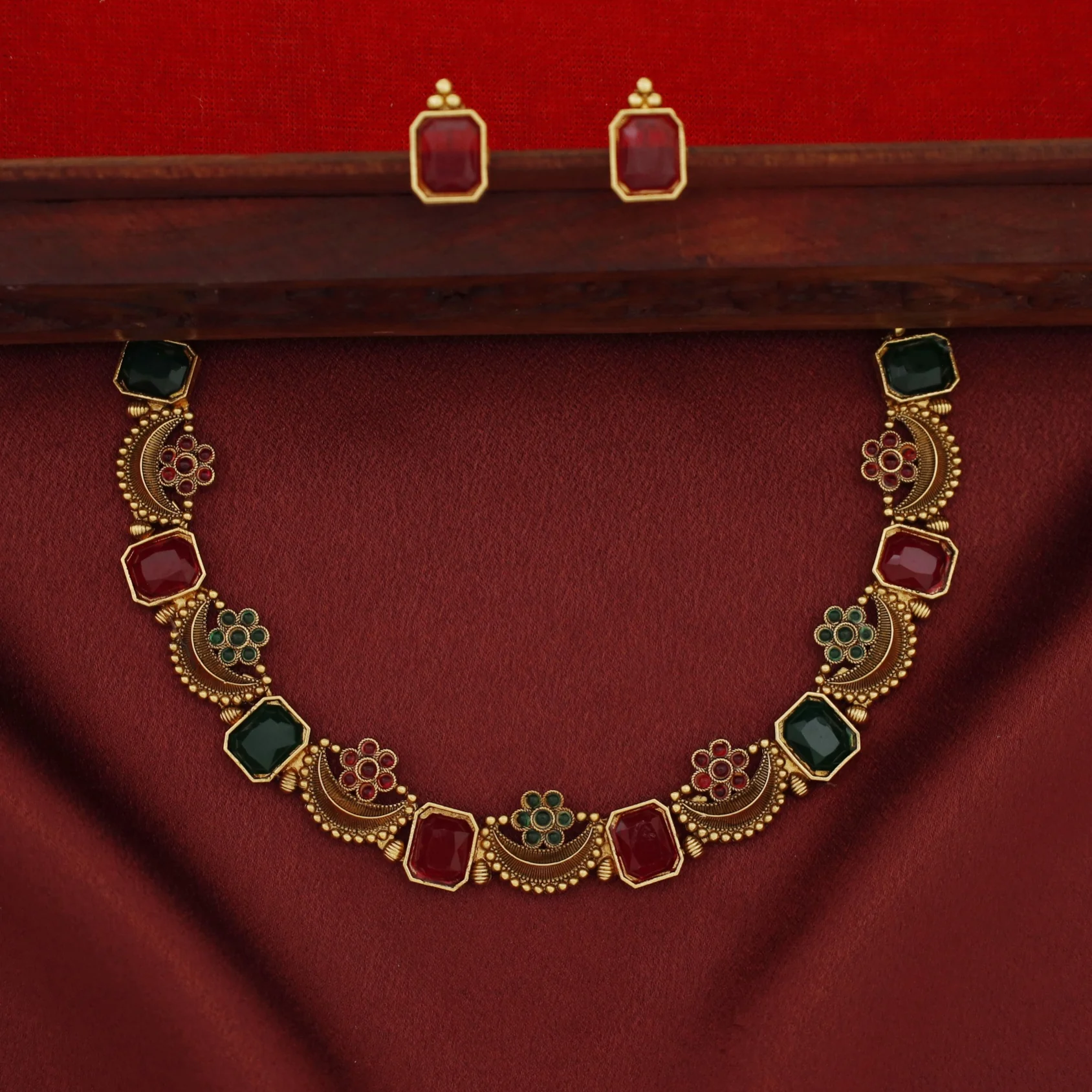 Navabha Curved Rectangle Half Moon Flower Short Neckpiece with Stud - Image 6