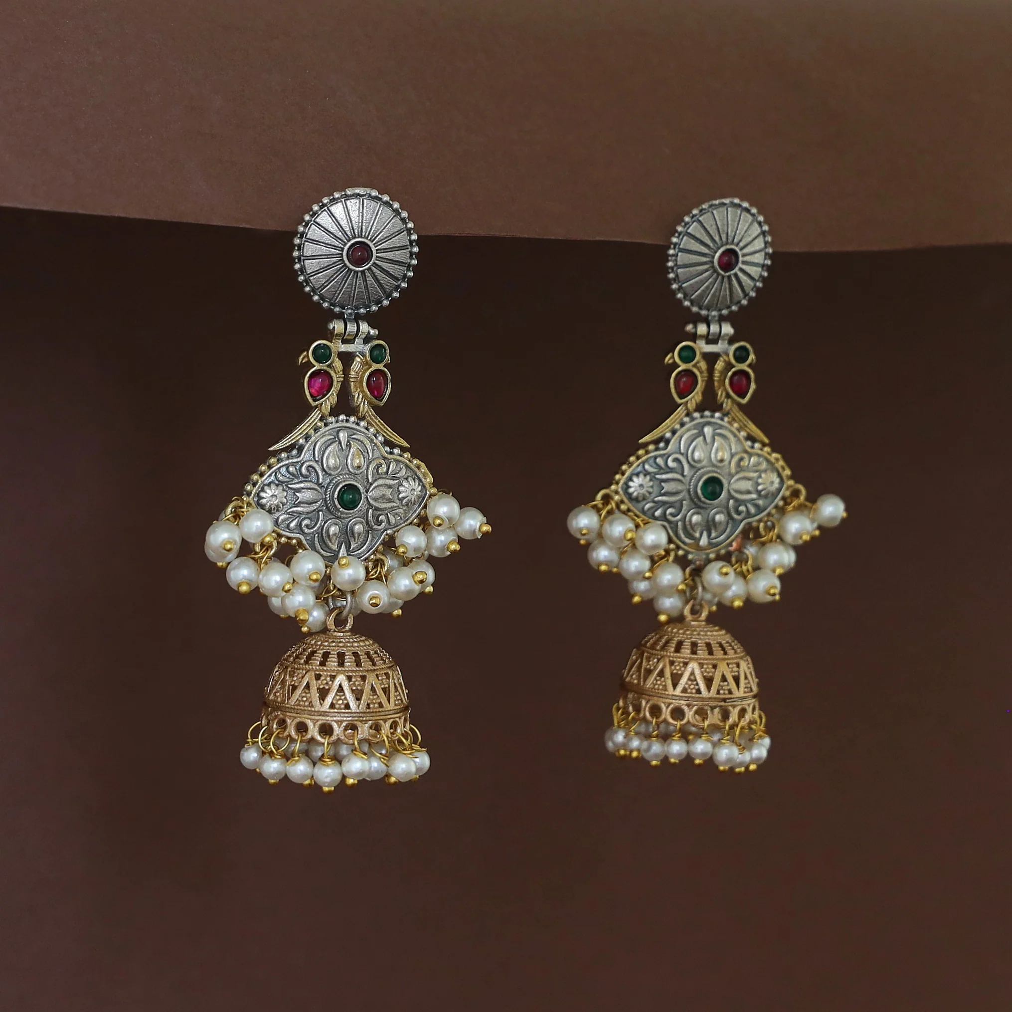 Nayana Dual Bird Pearl Jhumka Earring - Image 3