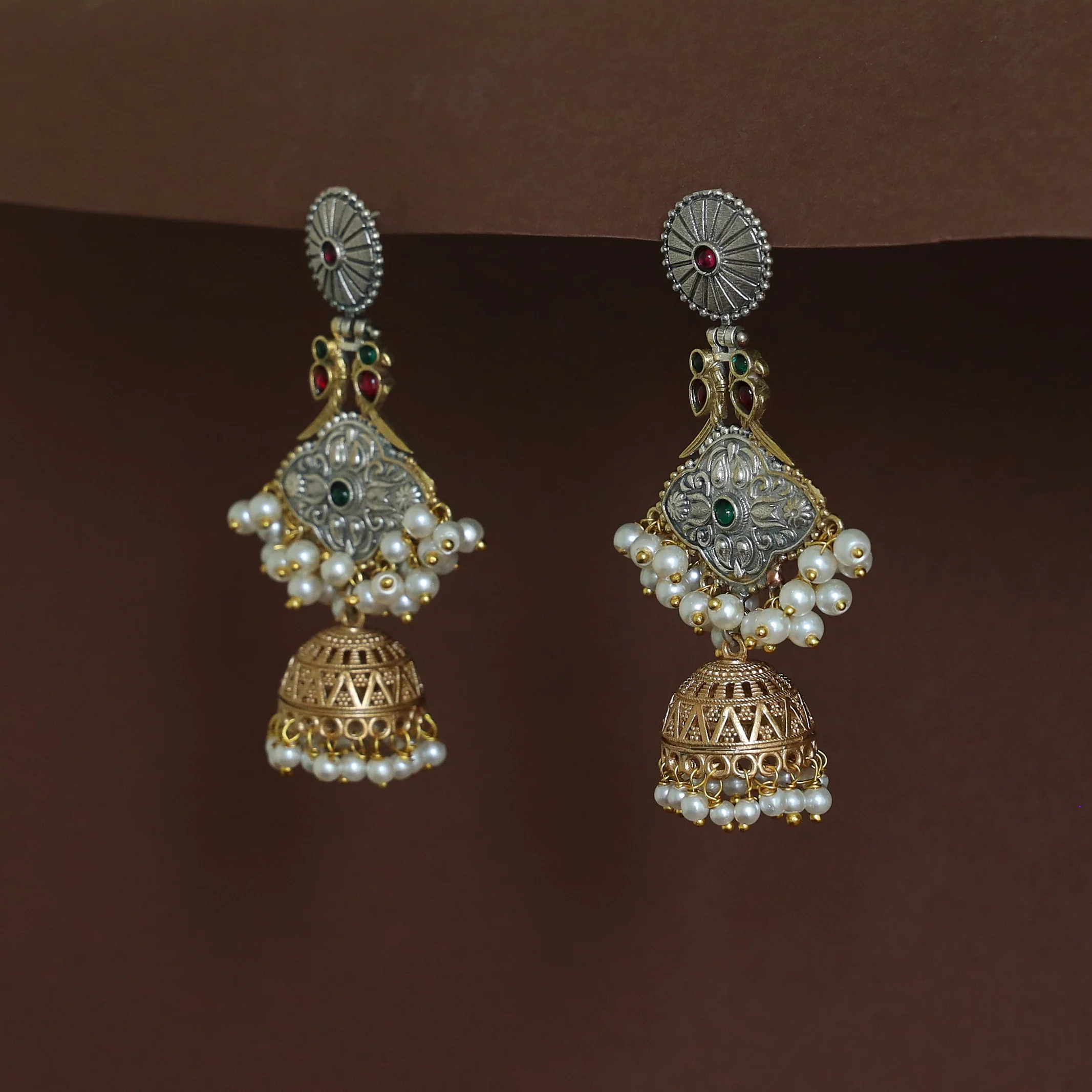 Nayana Dual Bird Pearl Jhumka Earring - Image 4