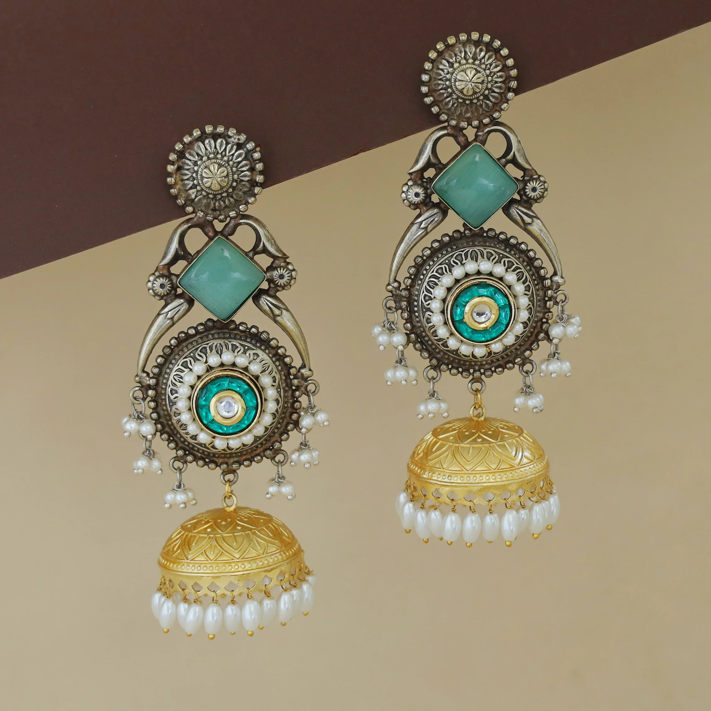 Nayanika Kashmiri Dual Tone Glossy Pearl Jhumka - Image 3