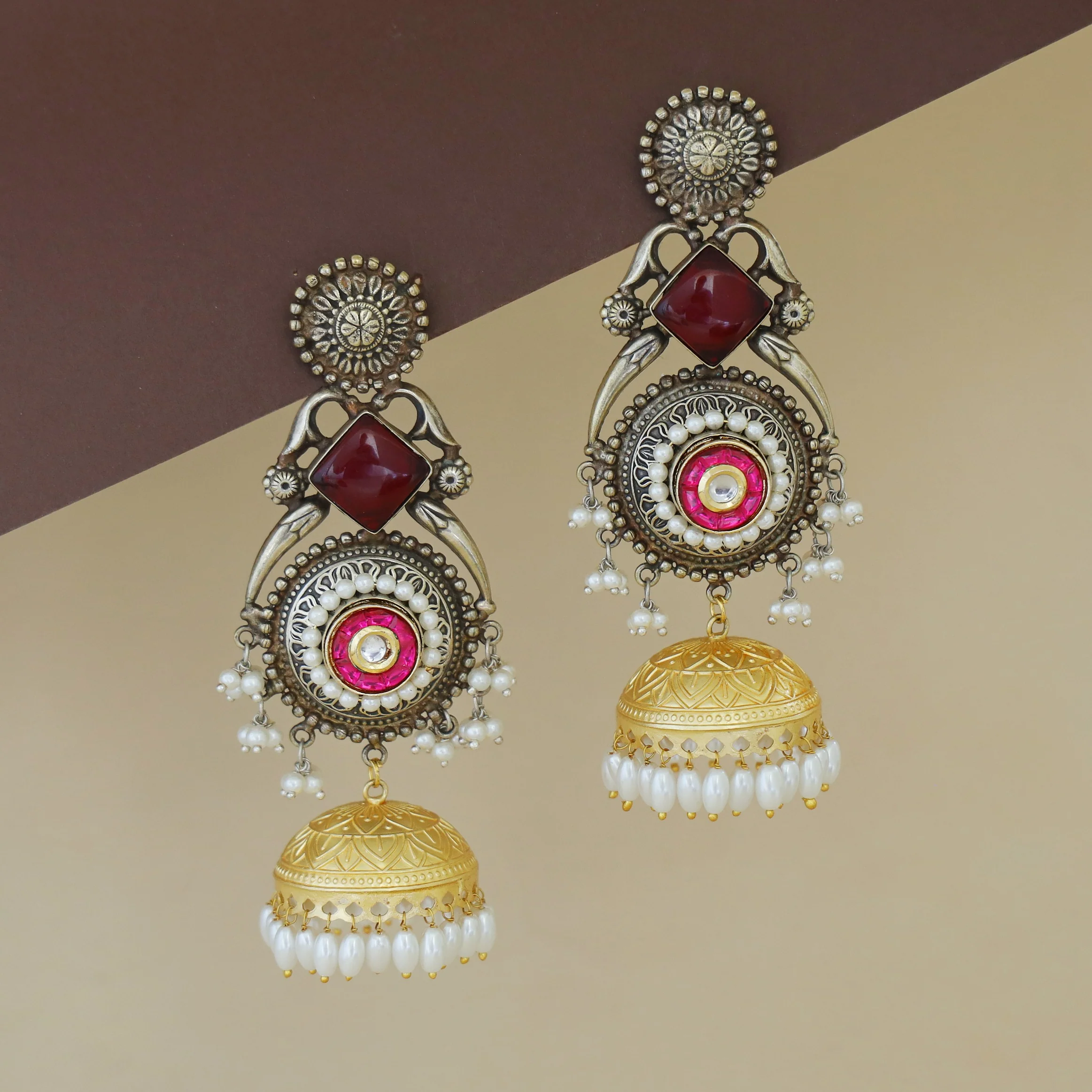 Nayanika Kashmiri Dual Tone Glossy Pearl Jhumka - Image 4