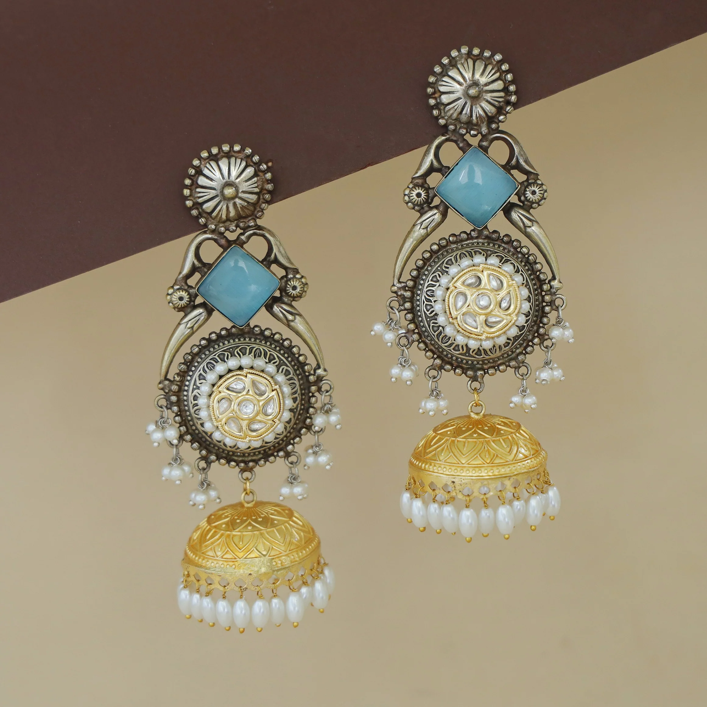 Nayanika Kashmiri Dual Tone Glossy Pearl Jhumka - Image 5