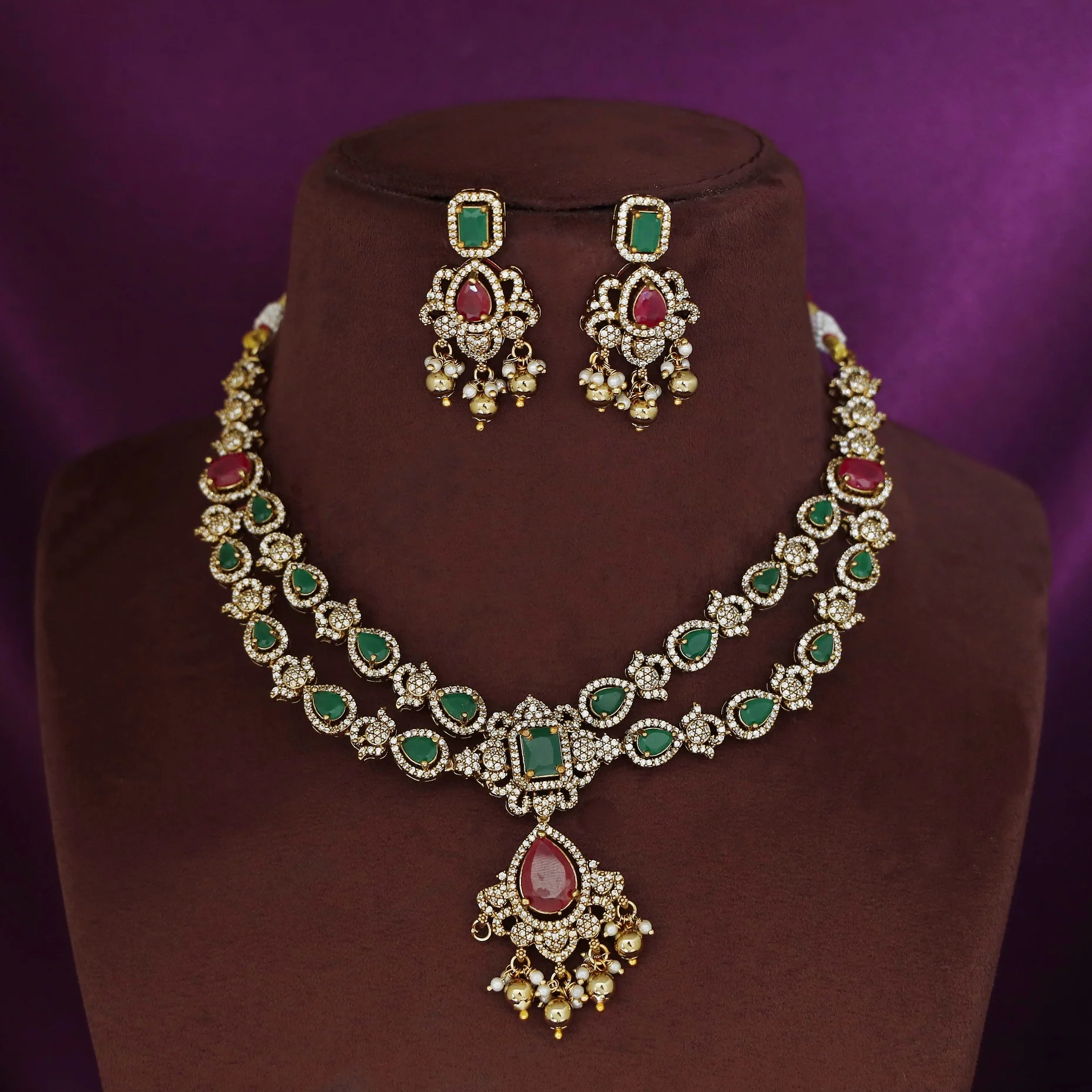 Premium Nehansha AD Stone Golden Ball 2 Layered Short Neckpiece With Earring - Image 2