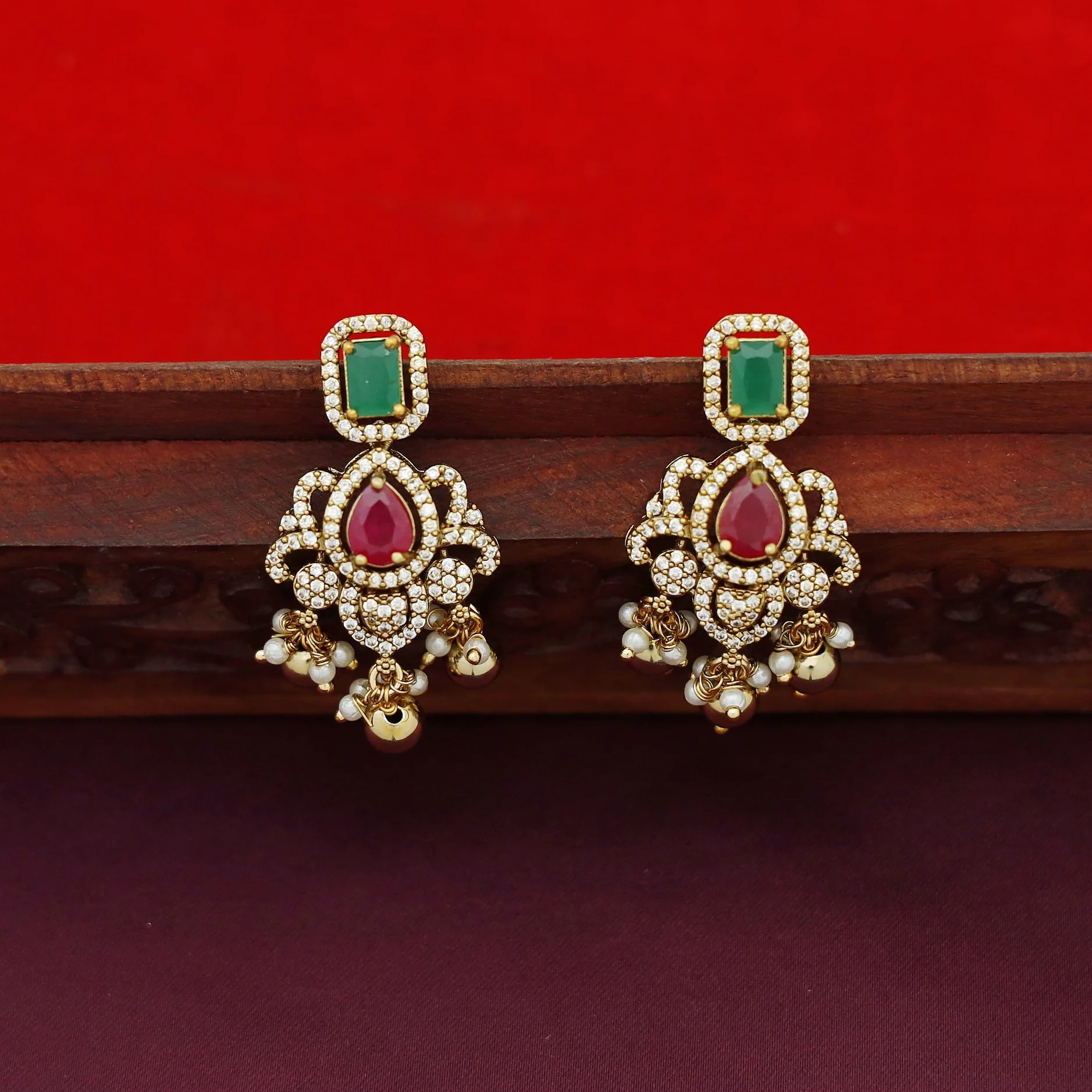 Premium Nehansha AD Stone Golden Ball 2 Layered Short Neckpiece With Earring - Image 3