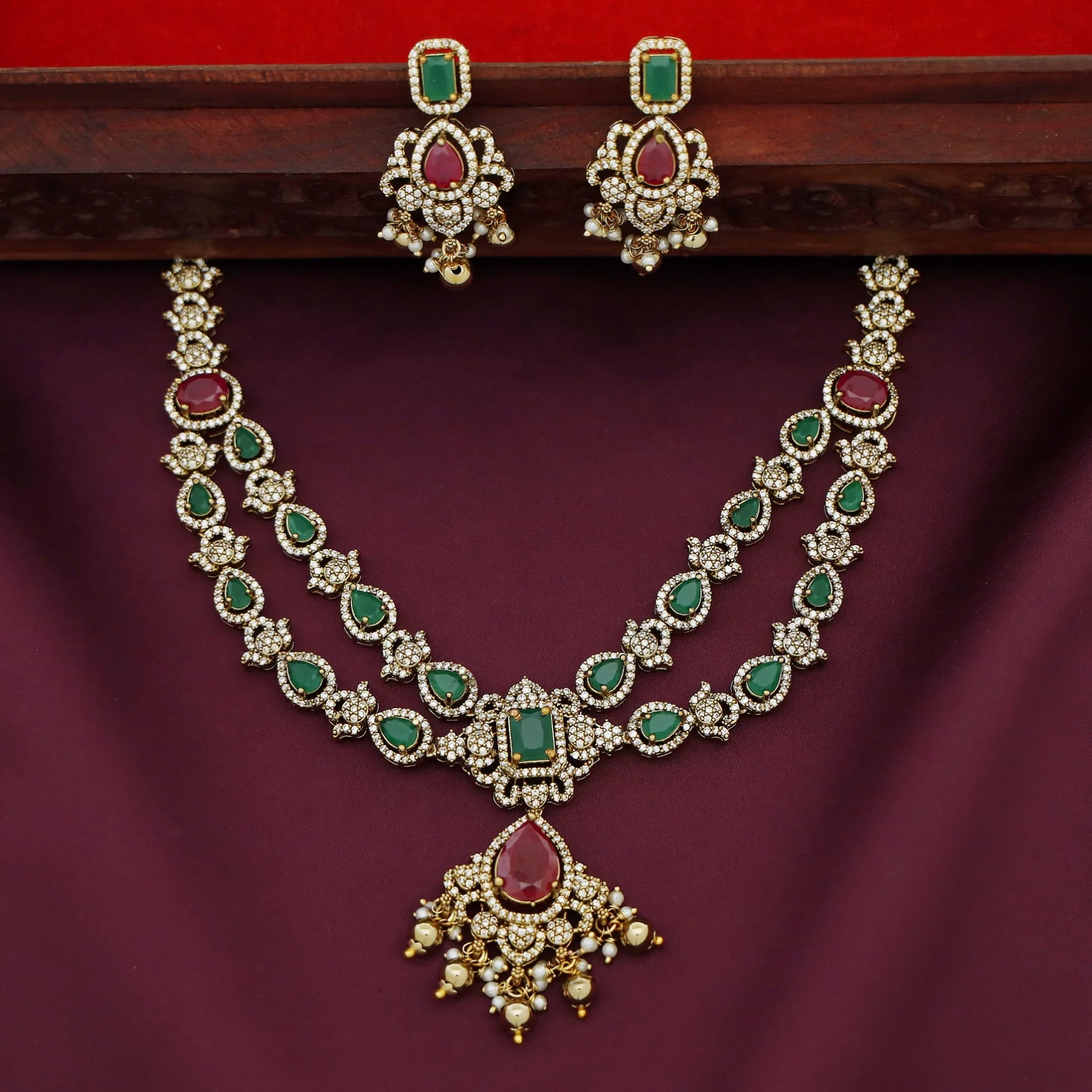 Premium Nehansha AD Stone Golden Ball 2 Layered Short Neckpiece With Earring - Image 4