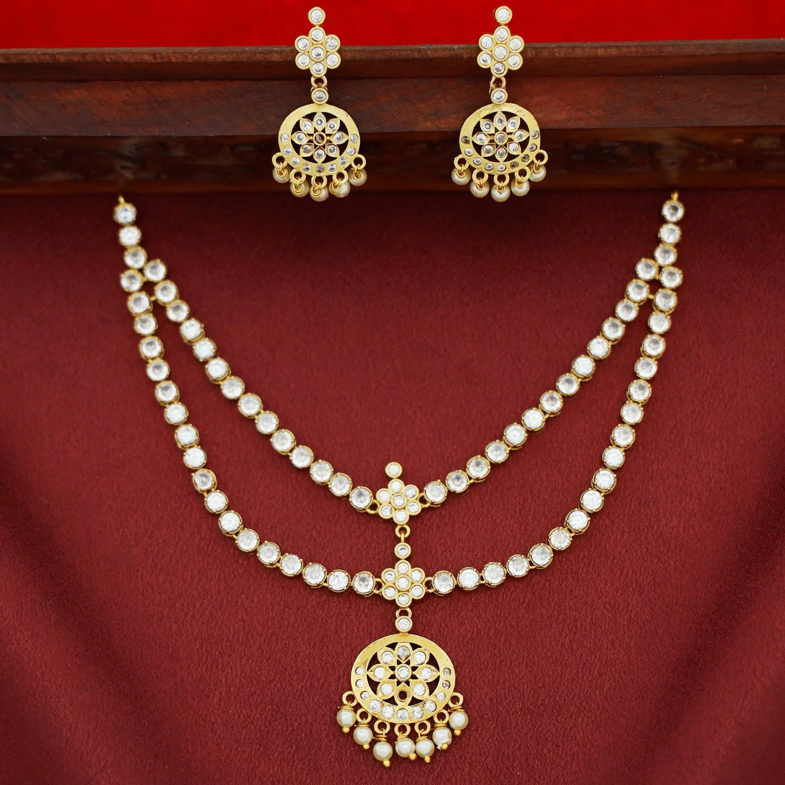 Niharika AD Stone Pearl 2 Layer Short Neckpiece With Earring - Image 2