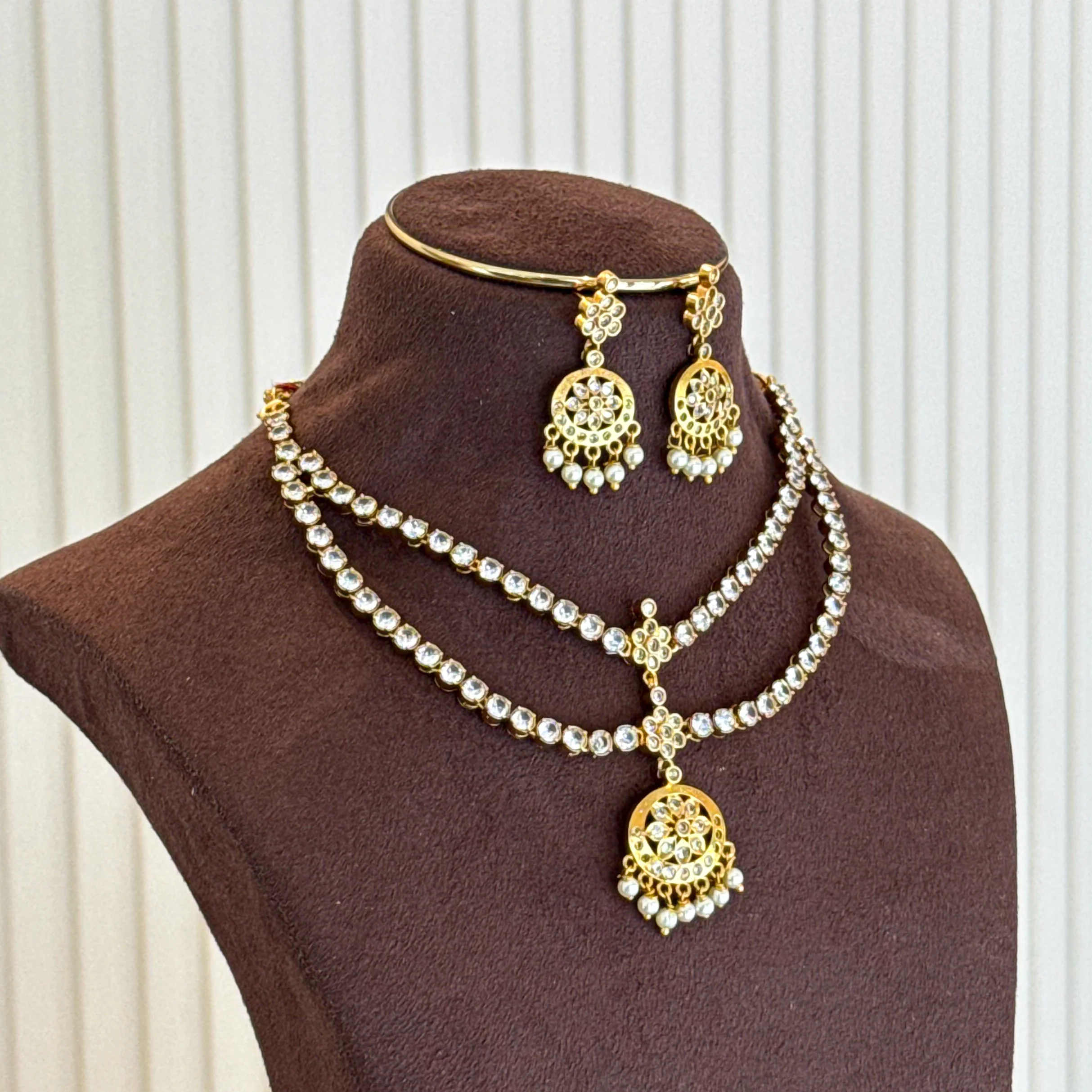 Niharika AD Stone Pearl 2 Layer Short Neckpiece With Earring - Image 3