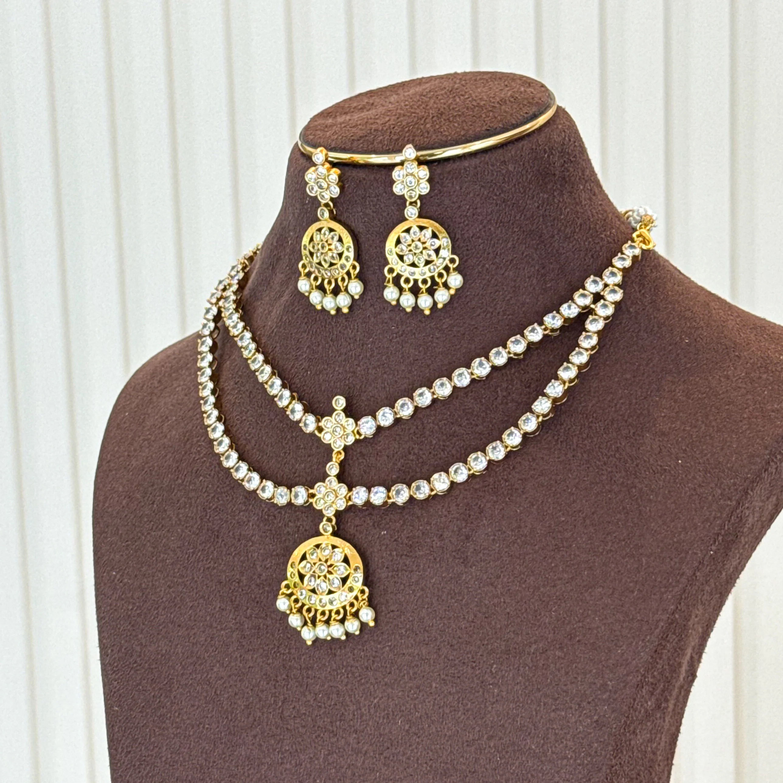 Niharika AD Stone Pearl 2 Layer Short Neckpiece With Earring - Image 4
