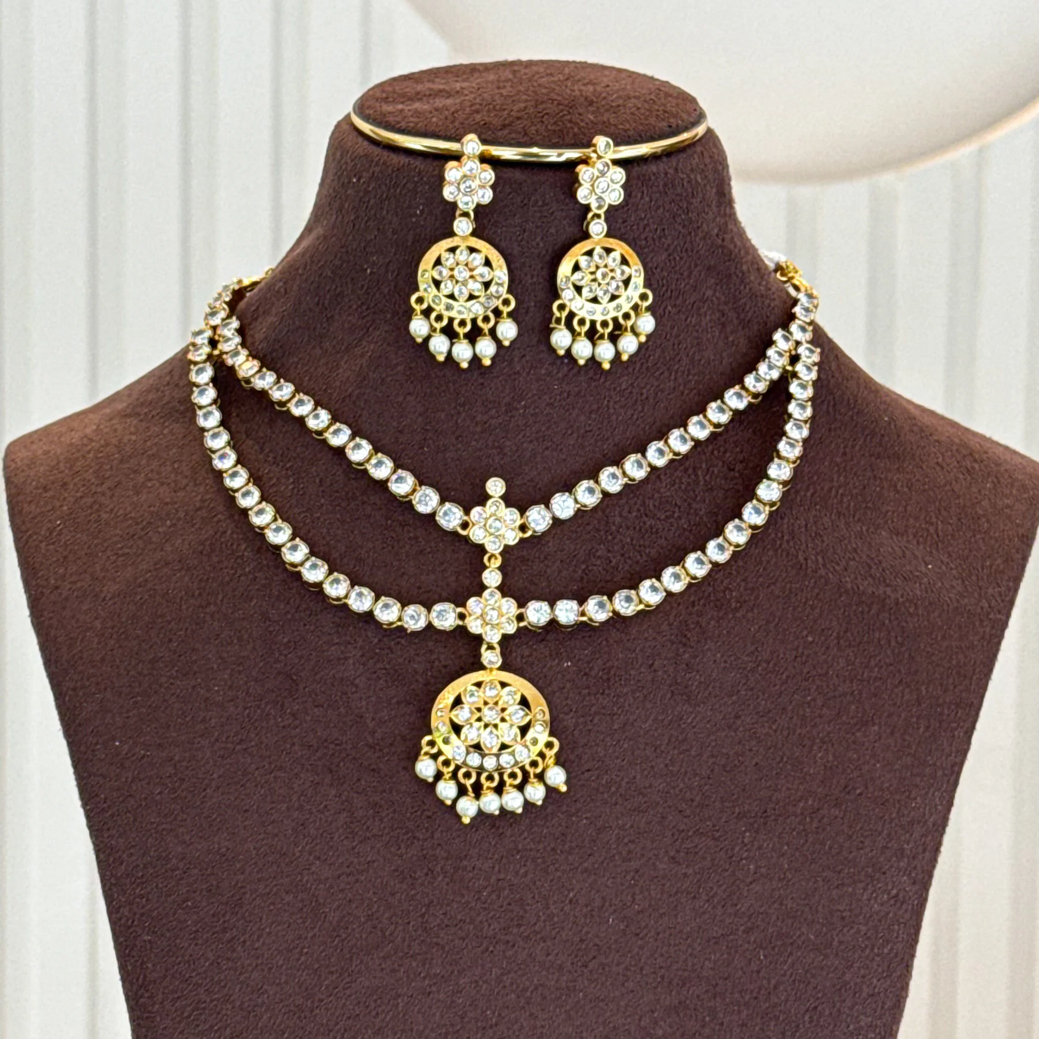 Niharika AD Stone Pearl 2 Layer Short Neckpiece With Earring - Image 5