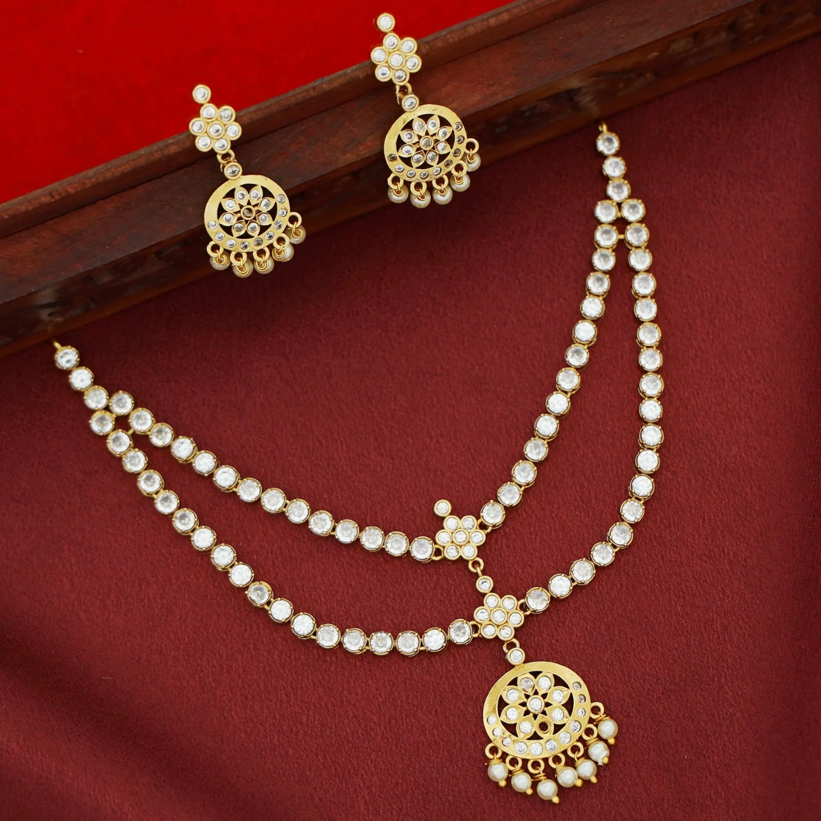 Niharika AD Stone Pearl 2 Layer Short Neckpiece With Earring - Image 6
