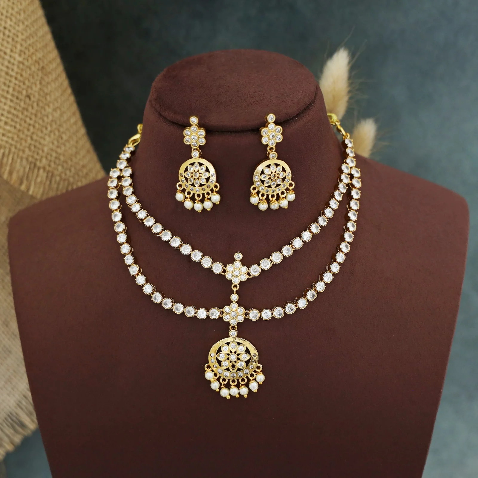 Niharika AD Stone Pearl 2 Layer Short Neckpiece With Earring - Image 7