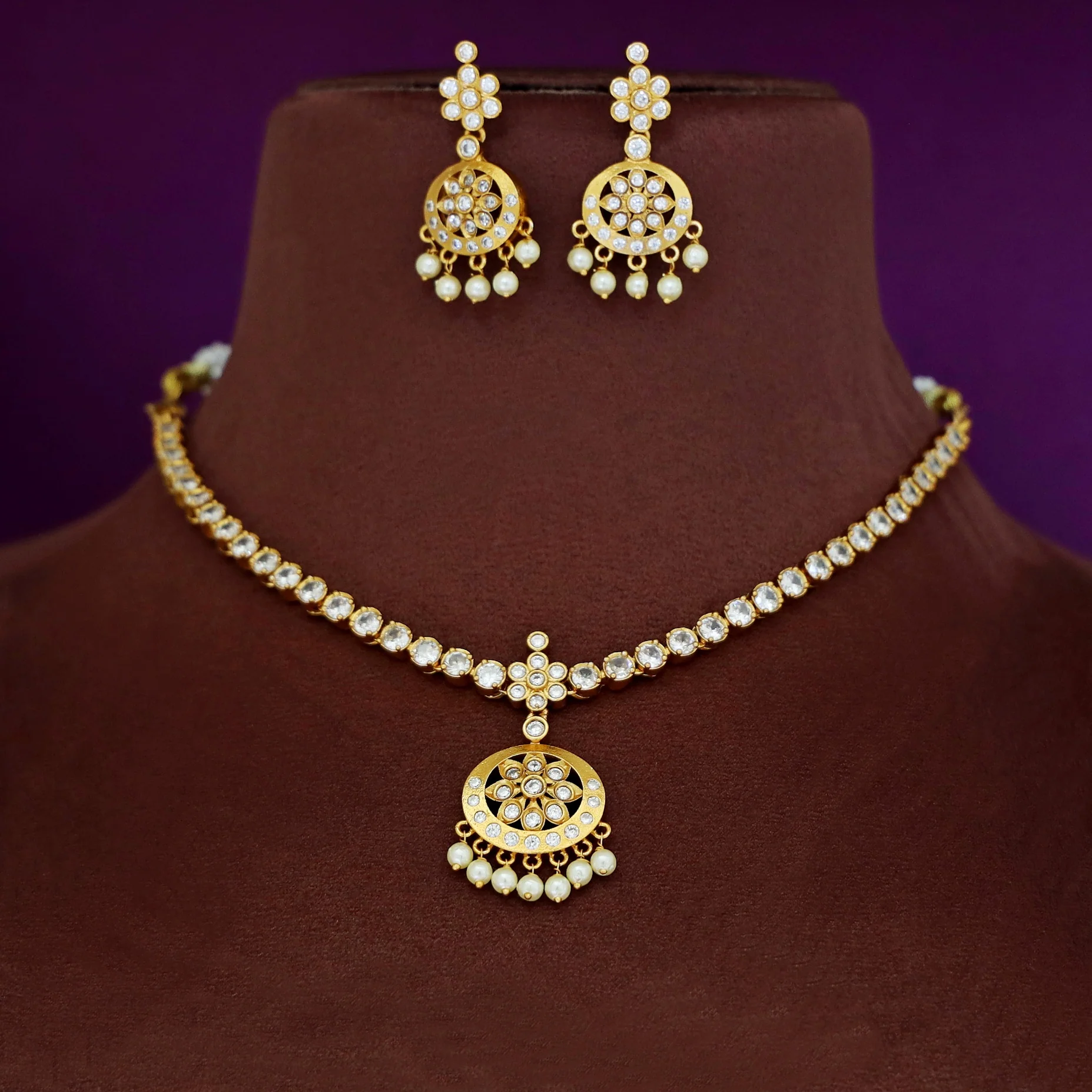 Niharika AD Stone Pearl Short Neckpiece With Earring - Image 2