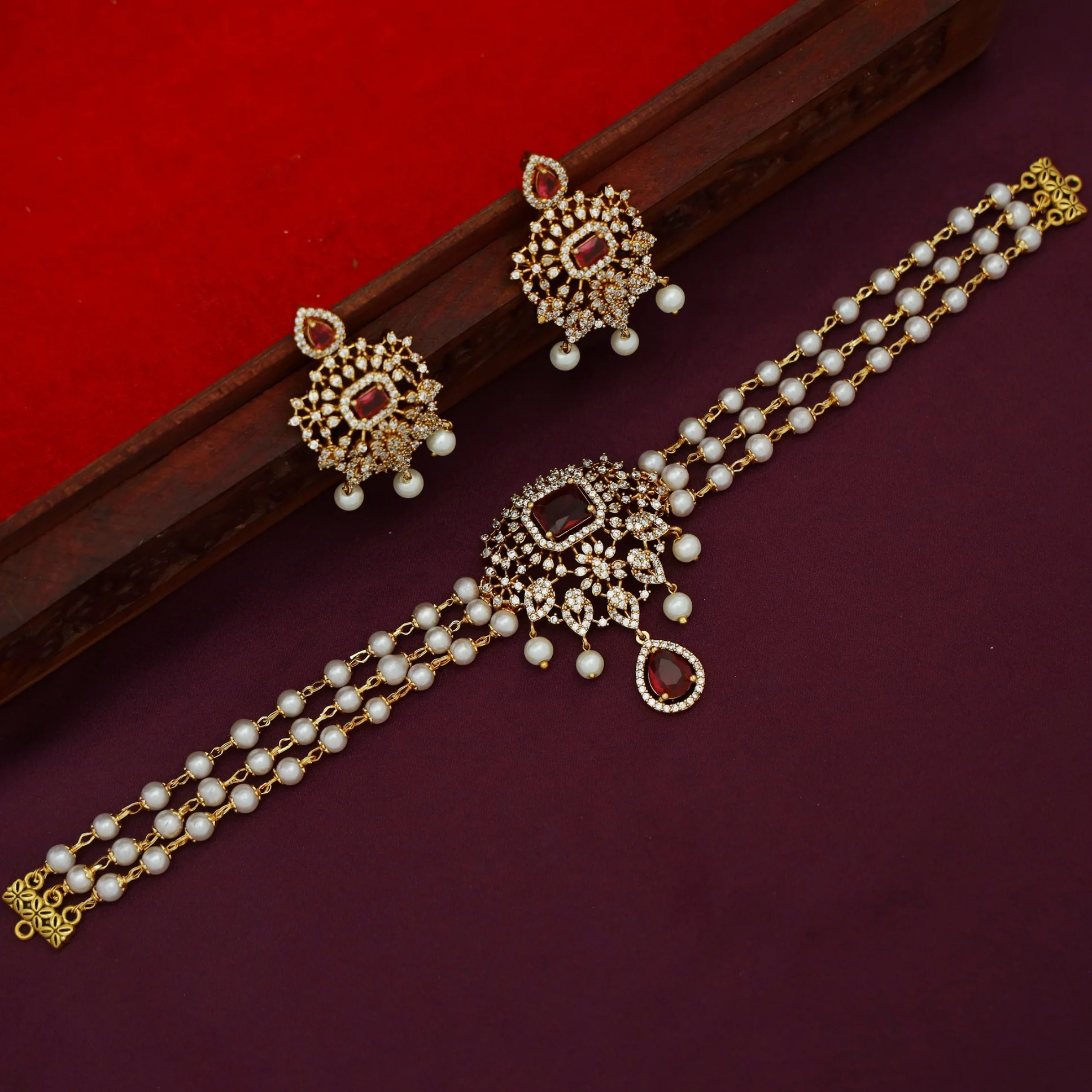 Nila 3 Layer Pearl AD Stone Claw Glossy Stone Choker With Earring - Image 2