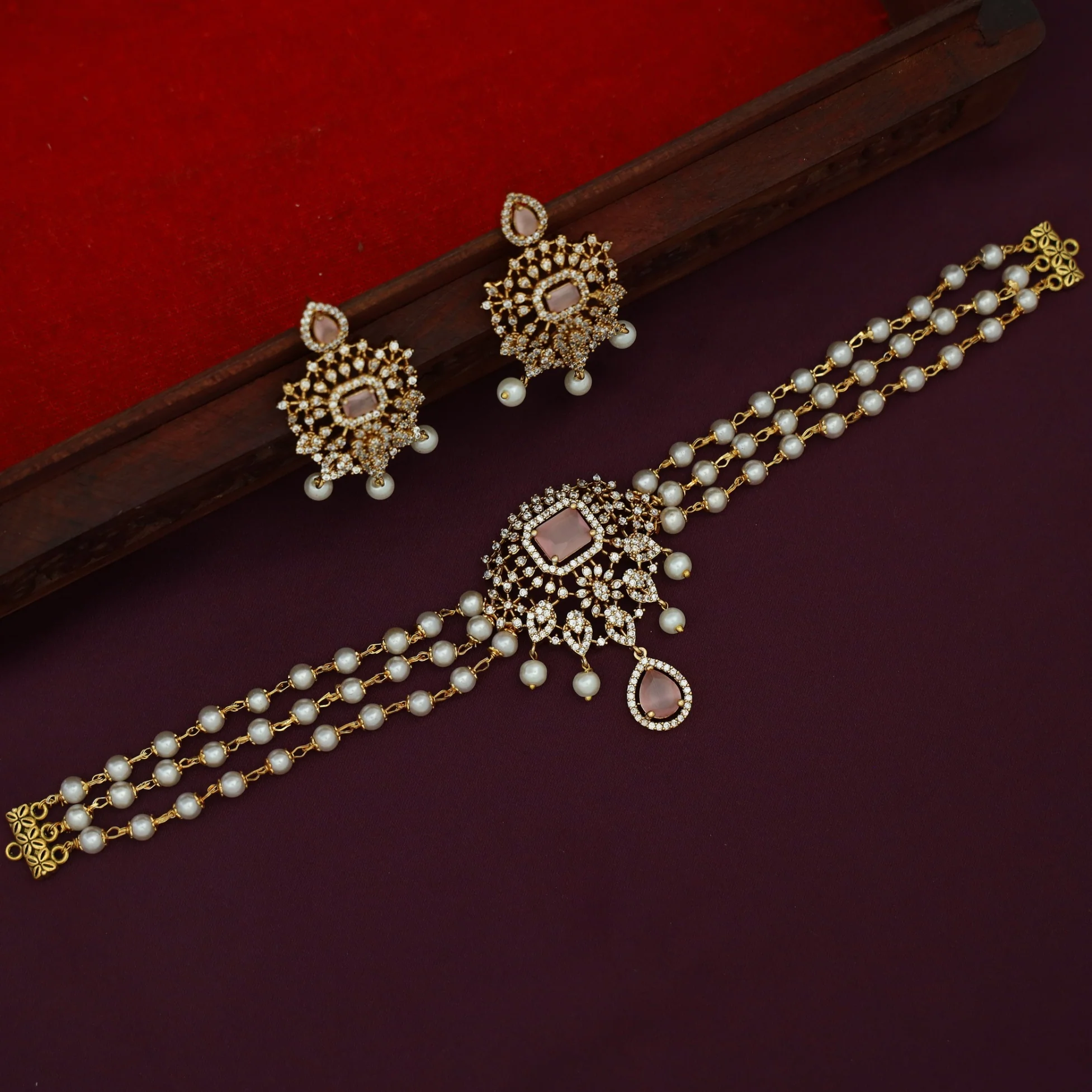 Nila 3 Layer Pearl AD Stone Claw Glossy Stone Choker With Earring - Image 3